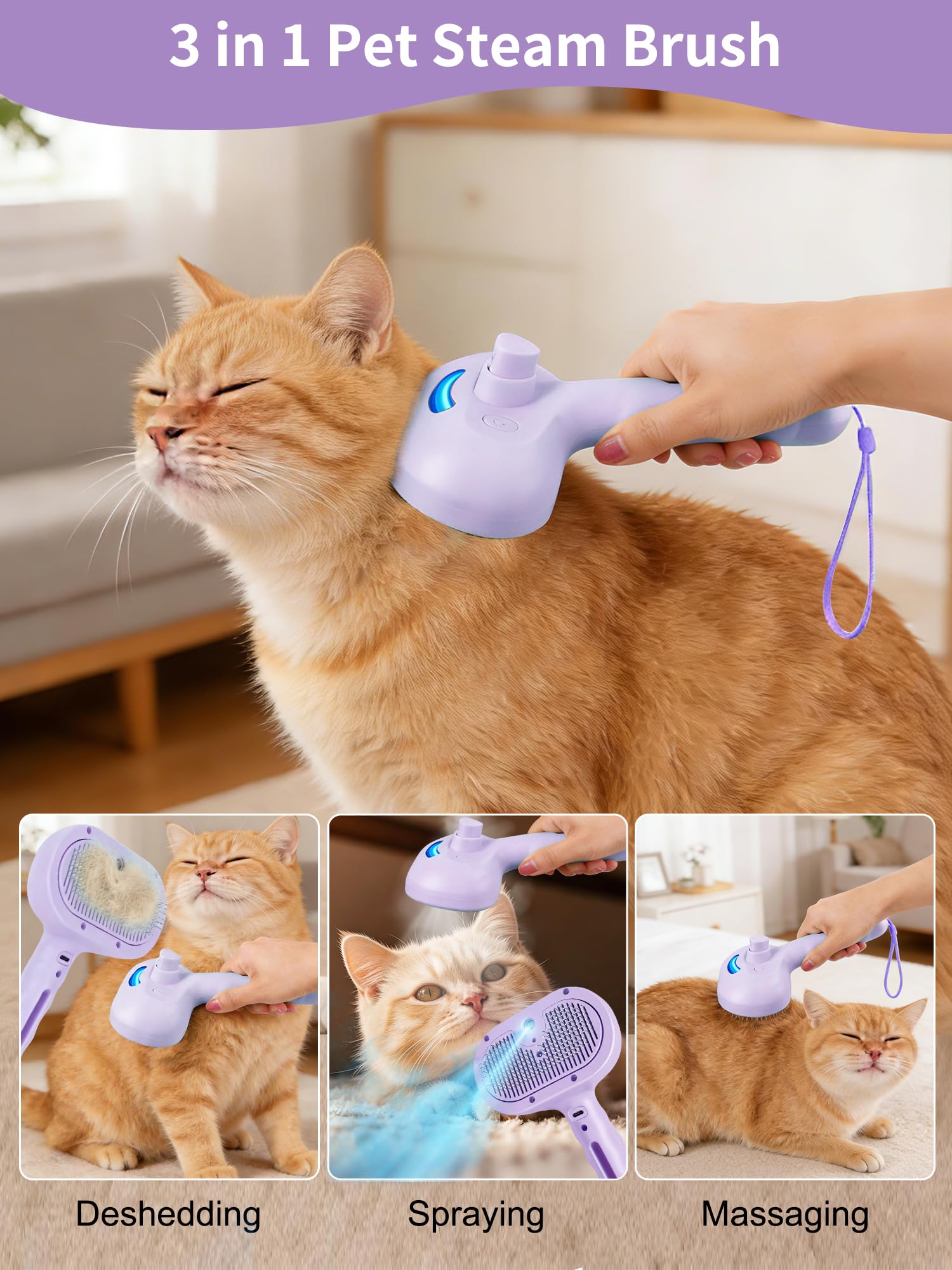 Hunde-Dampfbürste, 5-in-1, Katzenbürste mit Dampf und Entriegelungsknopf, Fellpflege-Werkzeug für Haustiere, Hunde, Haarentfernung, Haarausfall, für kleine Tiere, lang, kurzhaarig, Violett