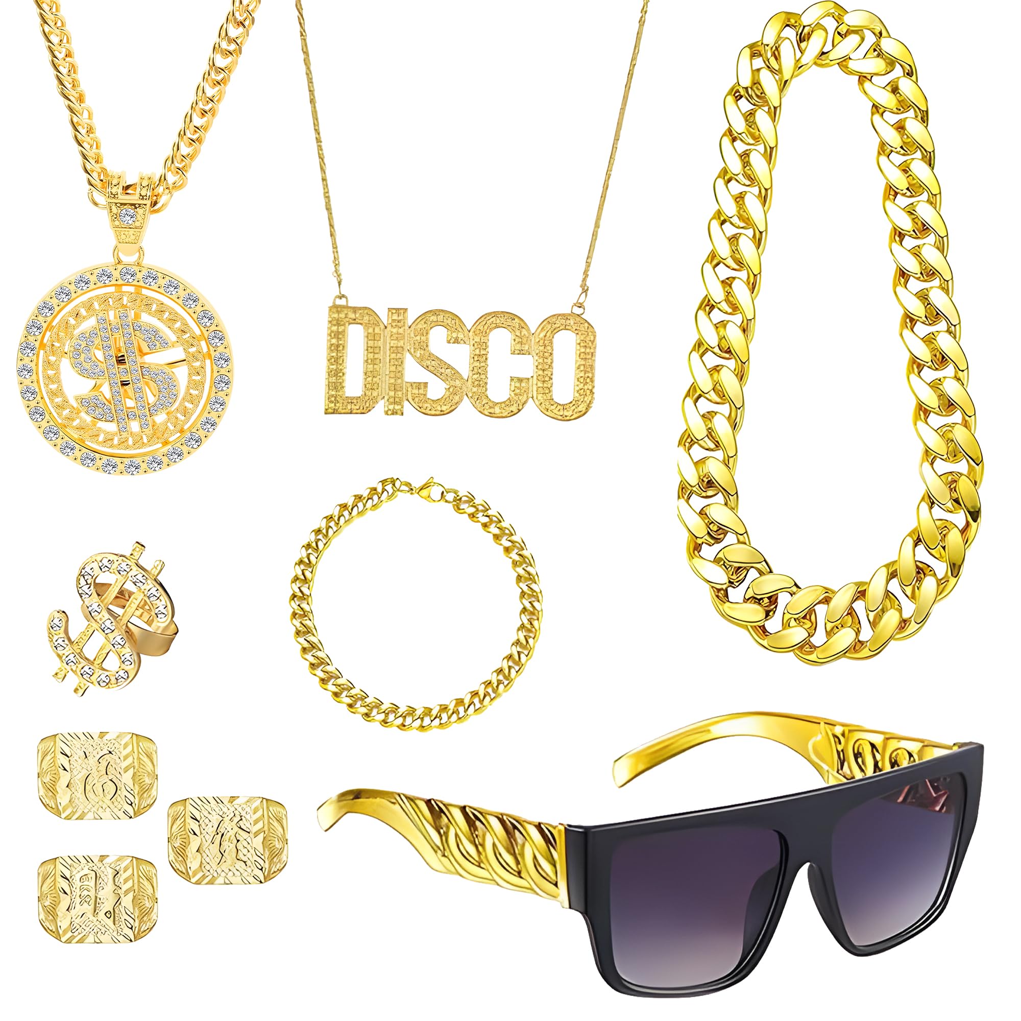 MOSNOW Gold Digger Costume Kit, 9Pcs Hip Hop Accessories with Fake Chain, Money Necklace
