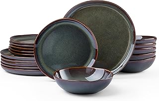 HaWare Plates and Bowls Set, Stoneware Dinnerware Sets, 18-Piece Hand-painted Dish Set for 6, Ceramic Dishware for Home Kitchen, Scratch Resistant, Microwave and Dishwasher Safe, Reactive Moss Green