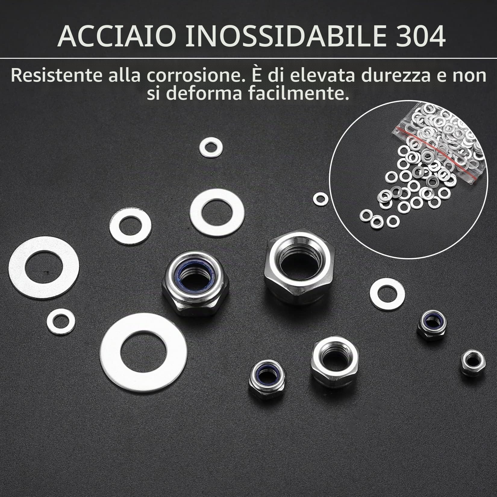 980 Pz Dadi Esagonali di Bloccaggio con Rondelle Piatte Set, Dado di Autobloccante Esagonale in Acciaio Inox, Rondelle Autobloccanti - M2.5/M3/M4/M5/M6/M8/M10/M12