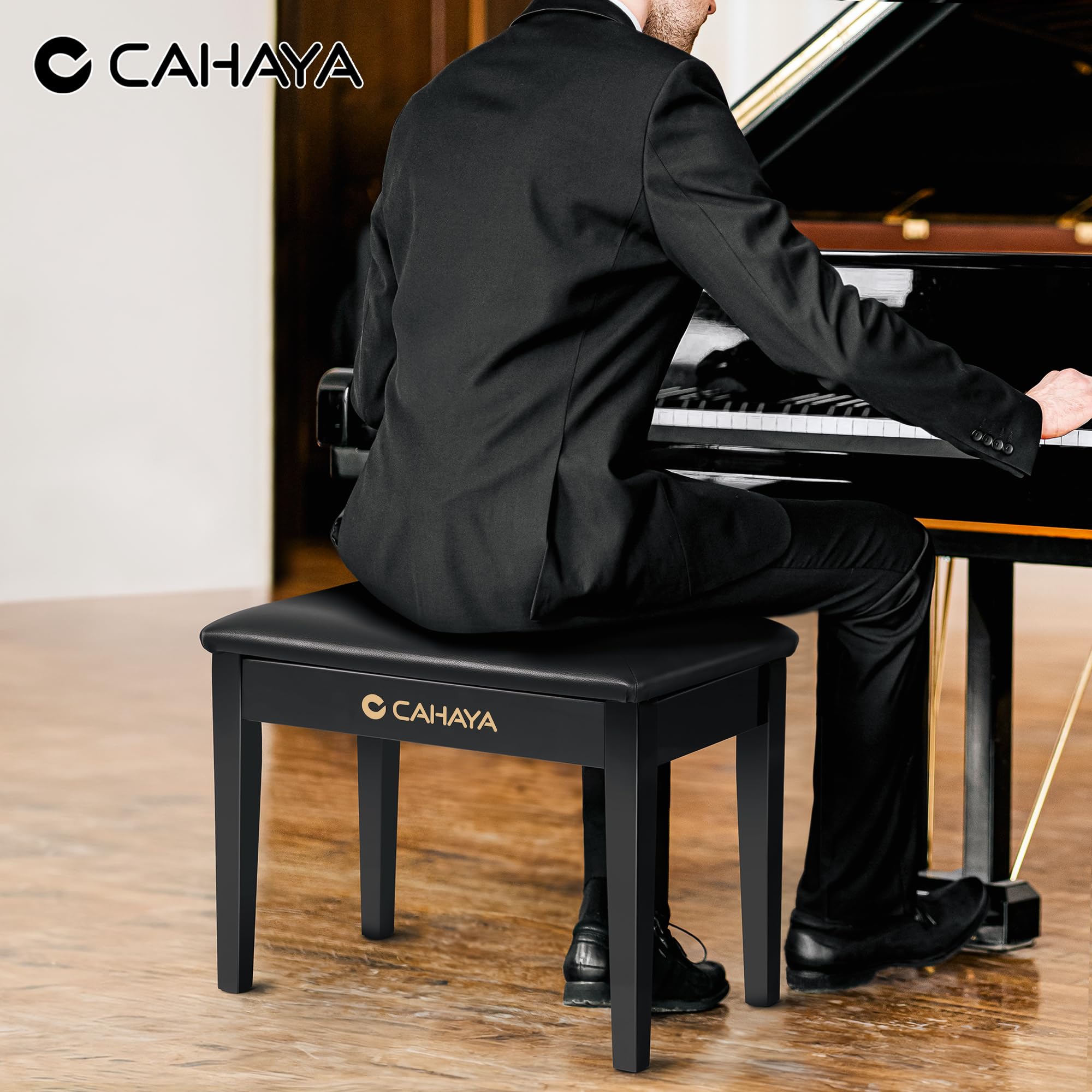 CAHAYA Banc de Piano Multifonction en Bois: Banc en Bois Massif avec Espace de Rangement, 56×34 cm, Assise rembourrée en PU, capacité 150 kg, Noir, CY000397