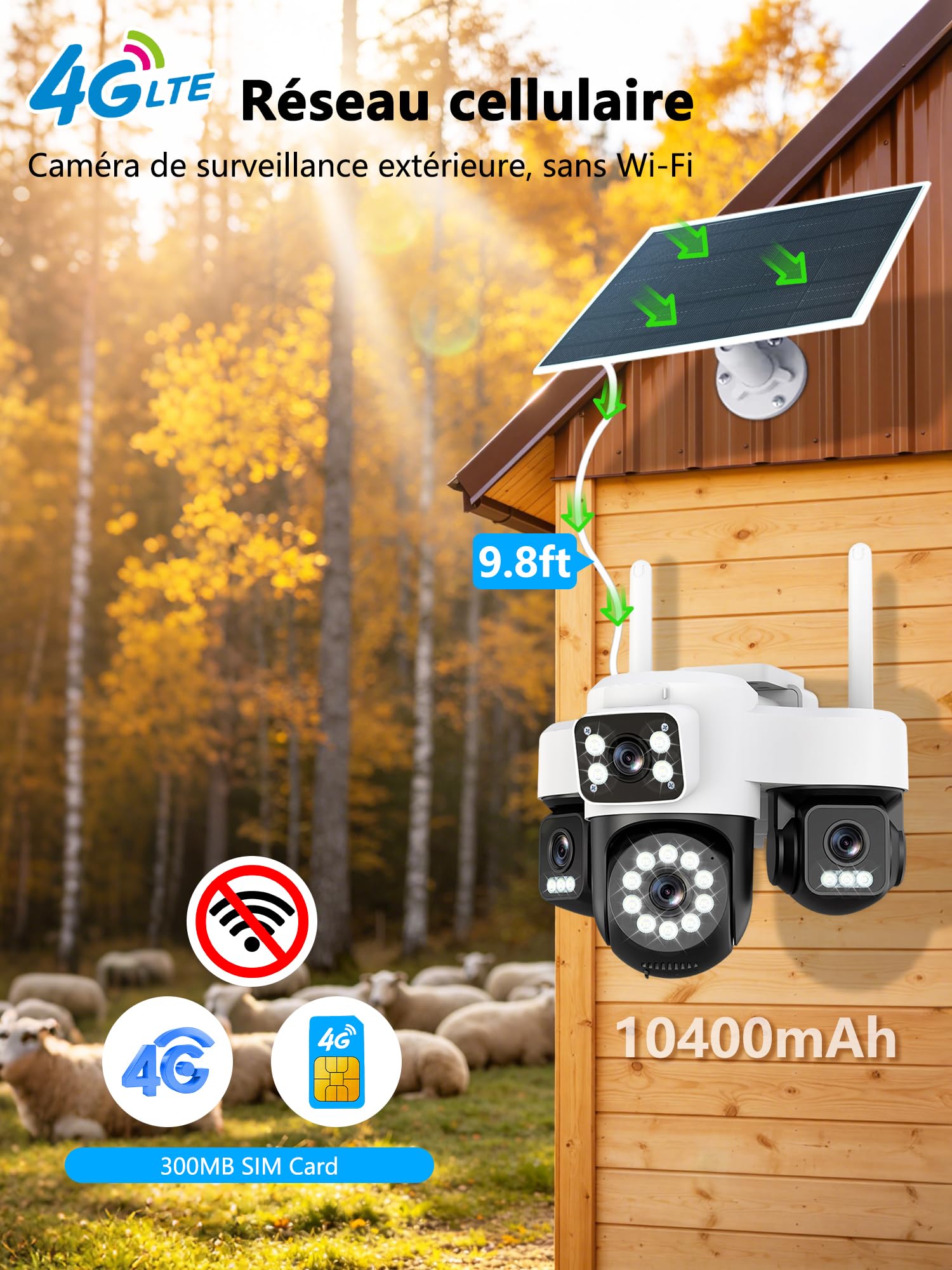 4G LTE - Telecamera di sorveglianza solare con scheda Sim,4 obiettivi, AOV 24/7,4K HD Telecamera esterna senza fili inclinabile a 355°/90°, Solare fotocamera+Batteria, visione notturna, rilevamento
