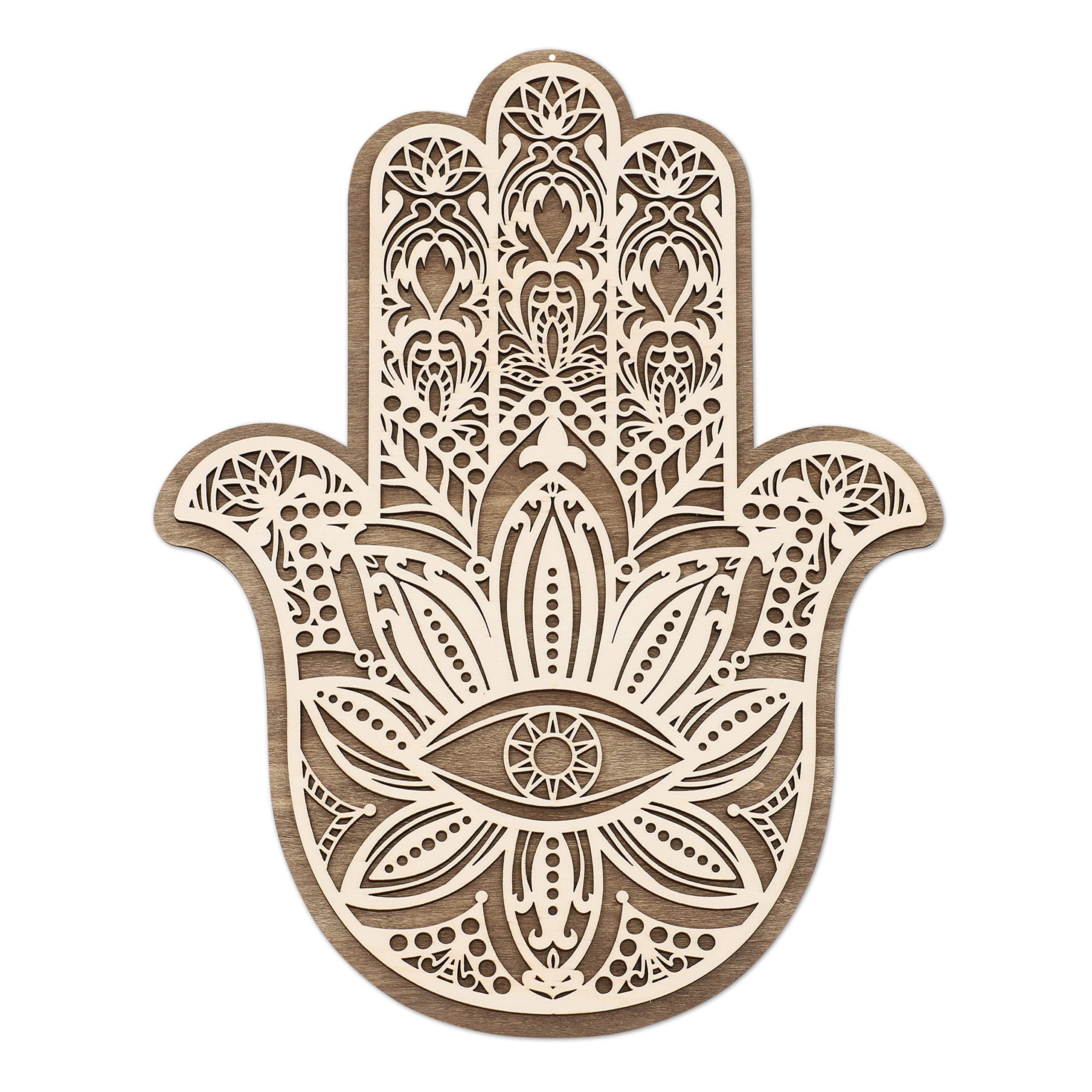 Fourth Level MFG 14” 2-Layer Hamsa, Sacred Geometry Wood Wall Art, Zen Home Decor for Yoga and Meditation, Chakra Crystal Grid Board, Good Energy Spiritual Altar Decoration, Evil Eye Protection