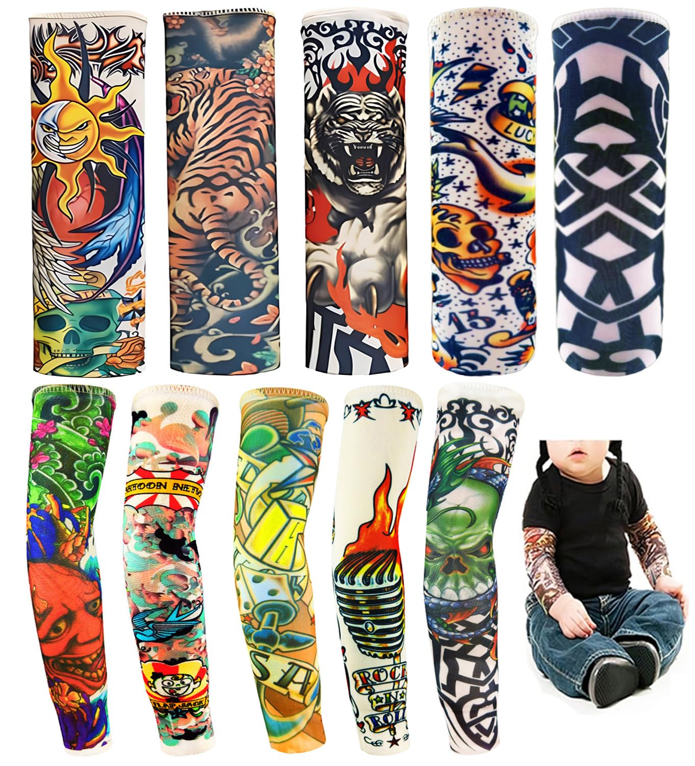 iToolai Kids Temporary Tattoo Sleeves,Fake Slip on Arm Sunscreen Sleeves for Boys and Girls,10pcs