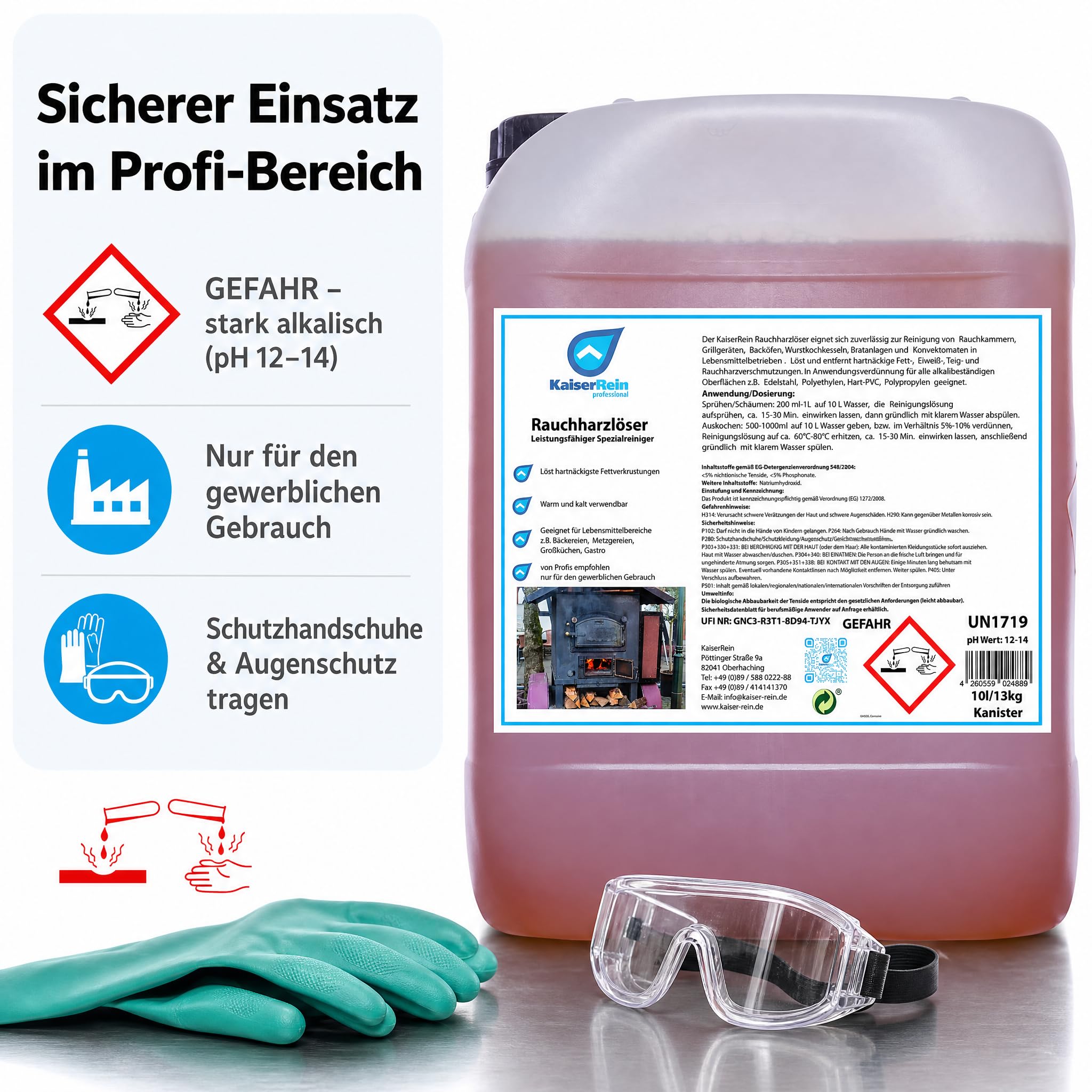 KaiserRein Grillreiniger Profi Rauchharzentferner, Backofenreiniger extra stark, 10-l-Kanister, schäumbar, warm/kalt, für Rauchkammern, Grills, Öfen, Konvektomaten, stark alkalischer Gastro-Reiniger