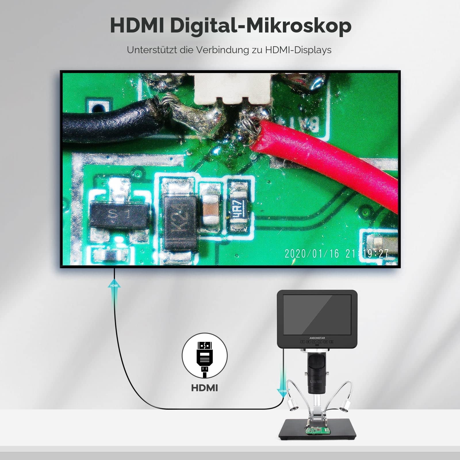 Andonstar AD246S-M HDMI Digitales Mikroskop 7-Zoll 2000x 2160P UHD 3 Objektive 32G-Karte
