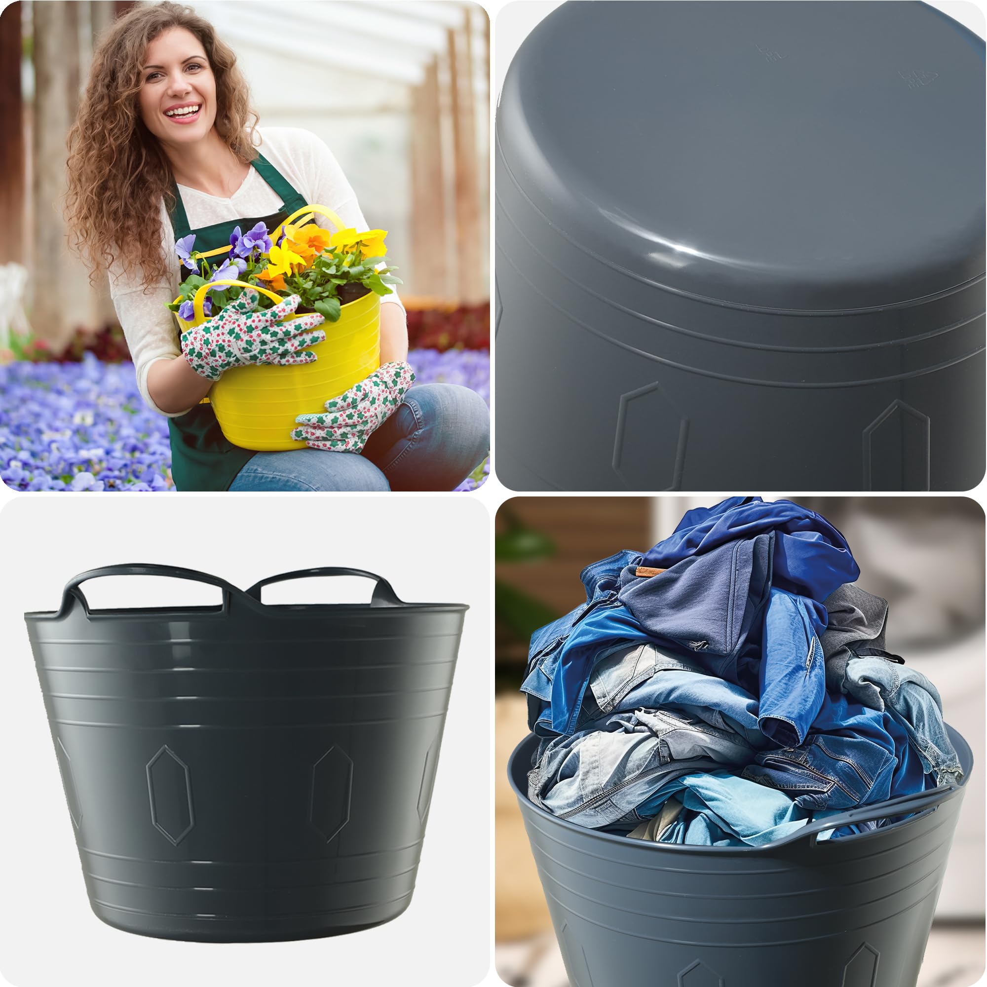 KADAX Cestino flessibile in plastica con manici – Multifunzione per biancheria, giocattoli, vestiti, rotondo e universale (grigio scuro, 42 L)