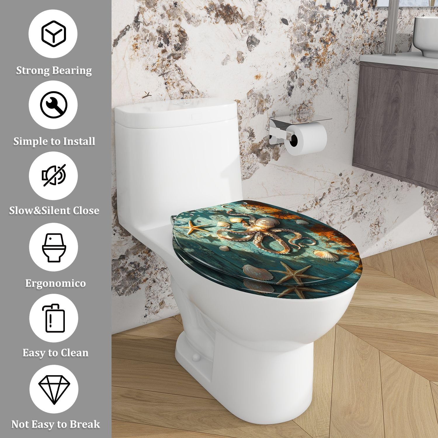 Sedile WC allungato generico con rivestimento fosforescente per il bagno