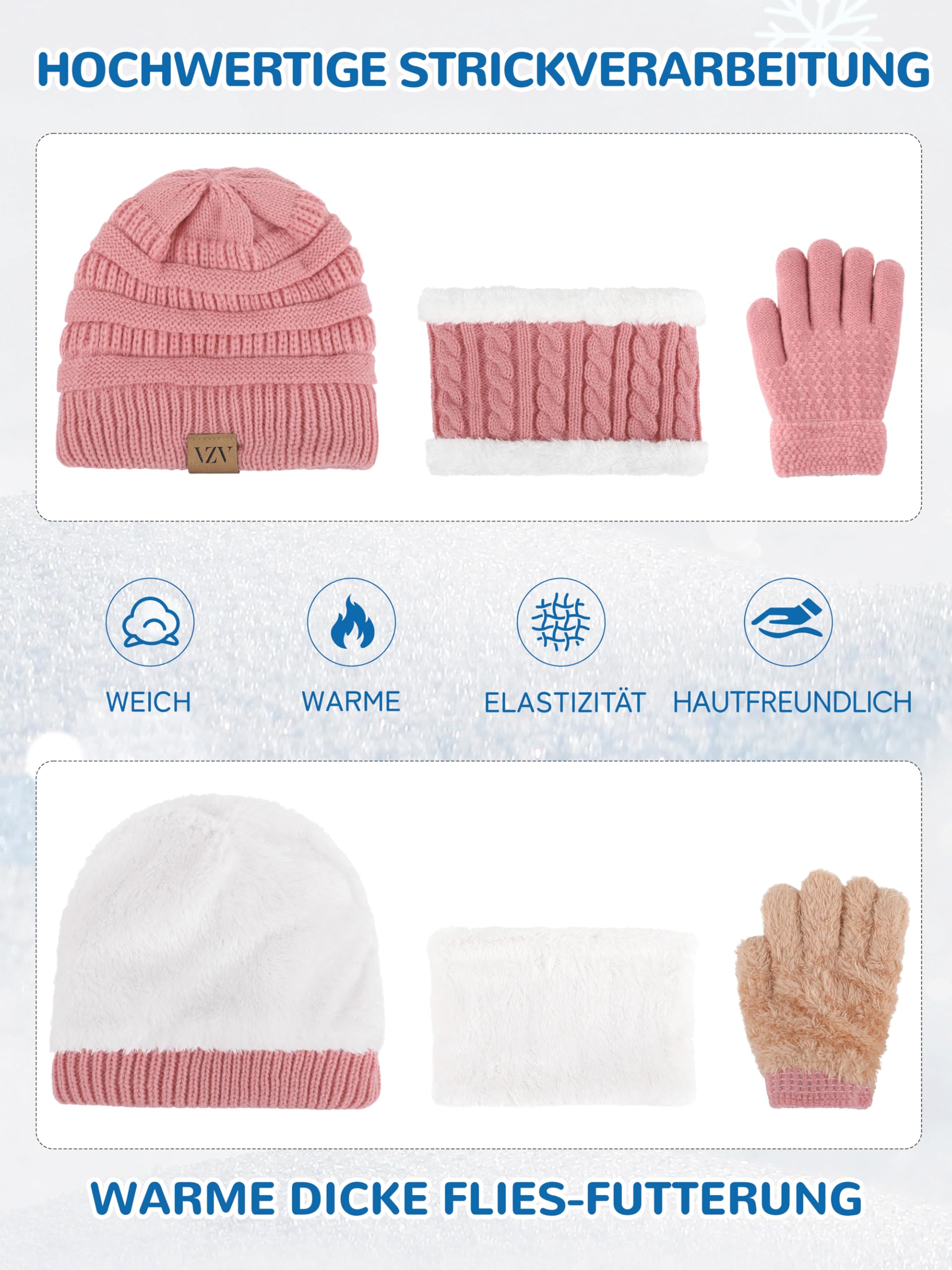 VZV 3 Wintermütze Kinder Schal Handschuhe Set, Mädchen Strickmütze Winterschal Thermo Fleecefutter Handschuhe für Jungen Mädchen 2-10 Jahre