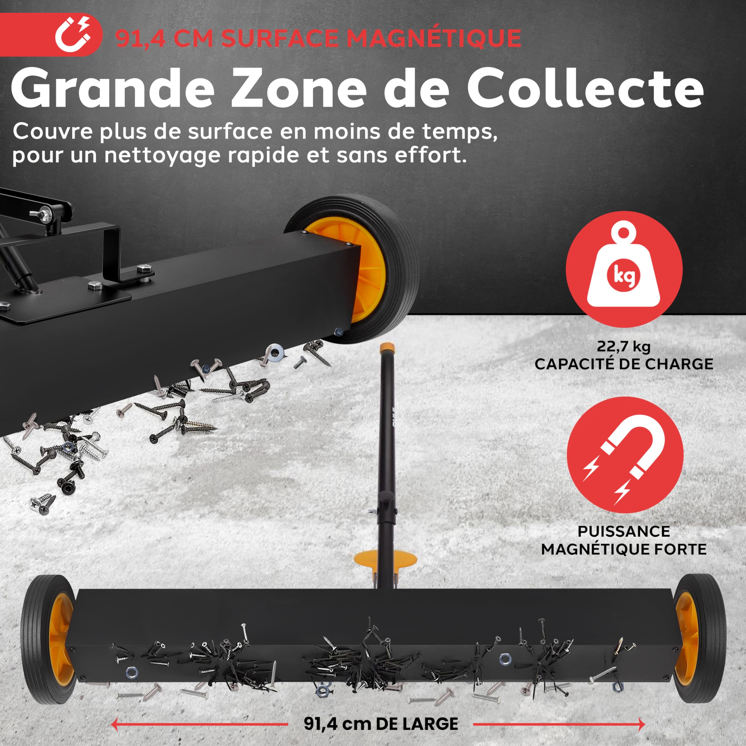 Pyle Balayeuse Magnétique Roulante 91 cm avec Manche Réglable Ramasseur de Métaux Robuste