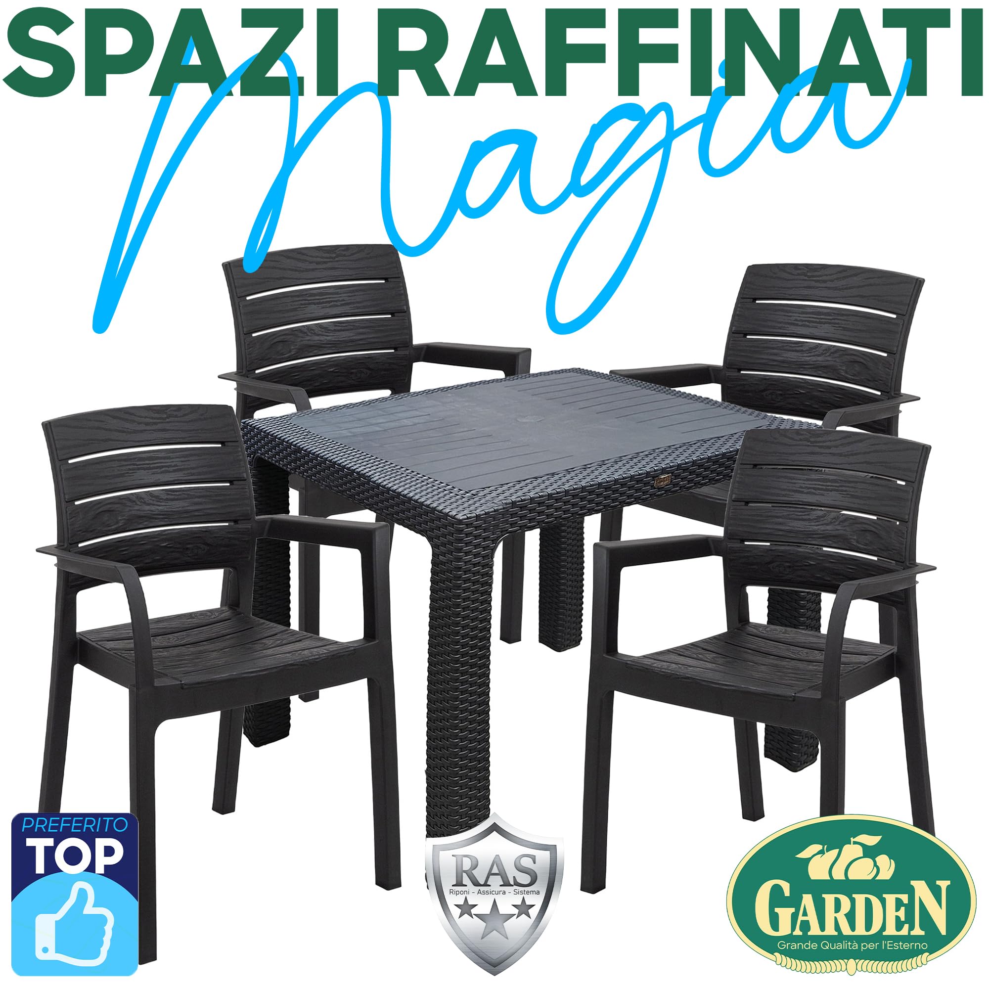 Sicignano | Set Sedie e Tavolo 90x90cm Completo Antracite, Resistente UV, per Esterni e Interni, Adatto a Bar Ristoranti Pizzerie Spazi Commerciali (1, 4 Sedie 1 Tavolo)