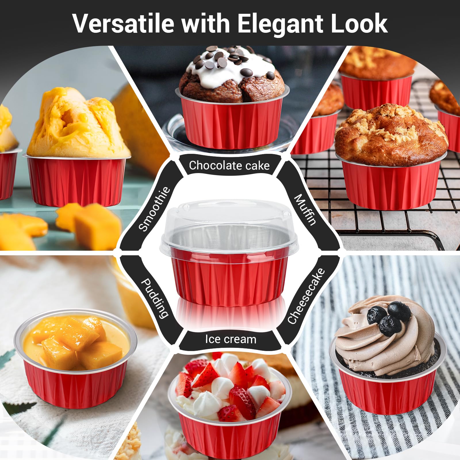 EUSOAR Mini moldes para tartas con tapas, 200 vasos de aluminio desechables de 5 onzas con tapas para postre de pastel de queso y flan de crema brulee, mini recipiente de aluminio para hornear para