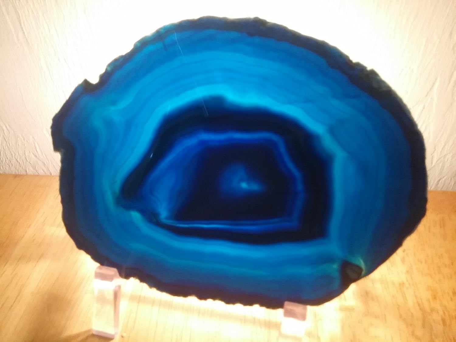 Brazilian Agate Geode Slice 6-7 inch with Lighted Acrylic Stand-Stained Glass by Mother Nature-Crystal Mineral Gemstone Rock (Blue)