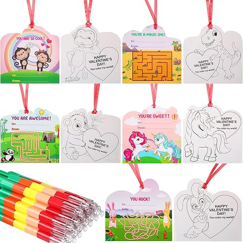 Miniatura 1 de Tarjetas de San Valentín para niños, 20 tarjetas de regalo de felicitación de San Valentín con cinta, 20 crayones de seis colores, 20 puntos de