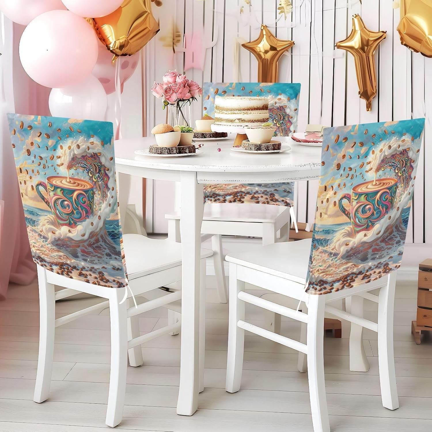 ALAZA Colorful Coffee Beans Chair Back Cover Set of 6, Washable Reusable Removable Chair Slipcovers Decorative Chair Cover for Home Kitchen Wedding Party