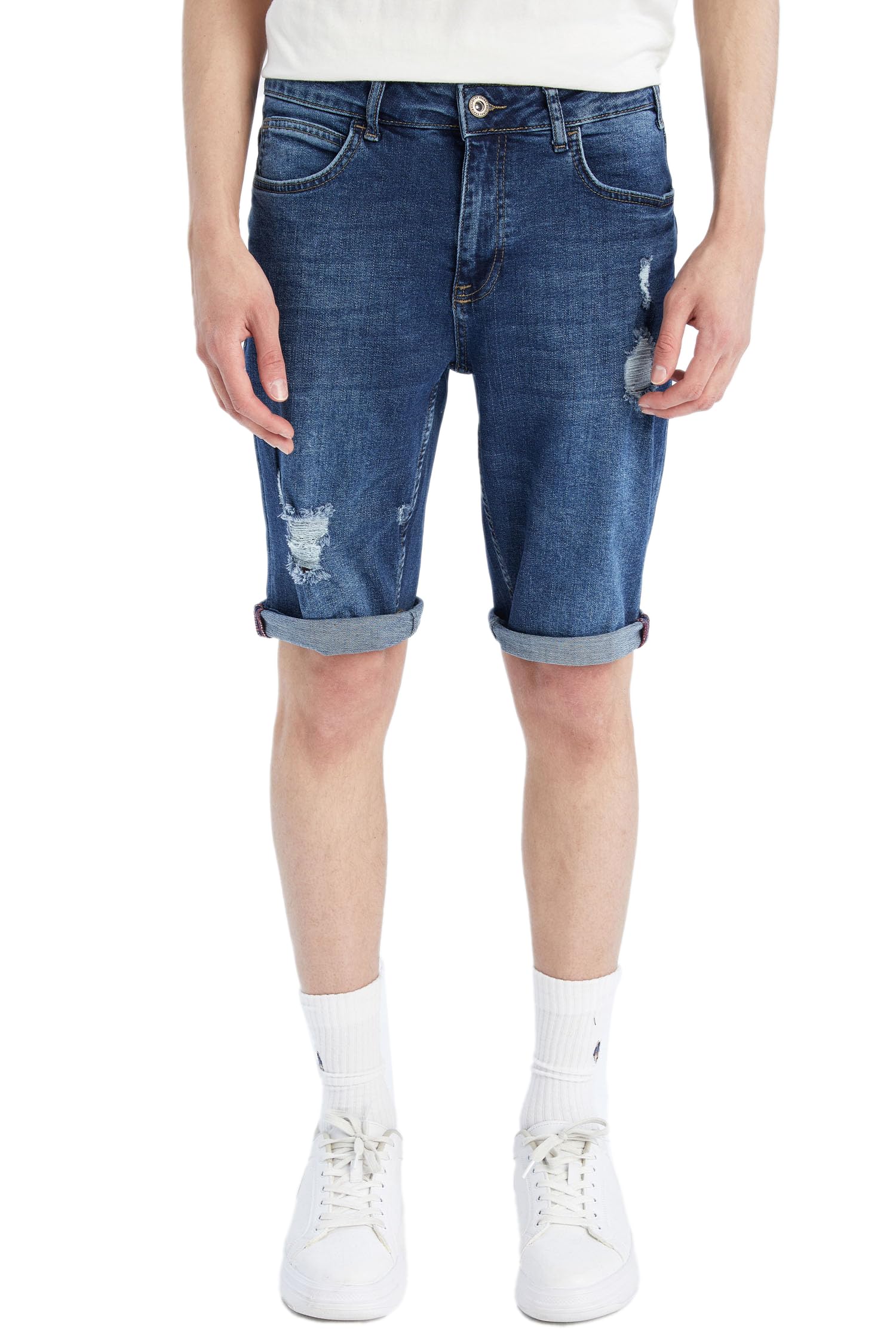 Erkek Coool Slim Fit Sürdürülebilir Yırtık Detaylı Jean Bermuda Şort