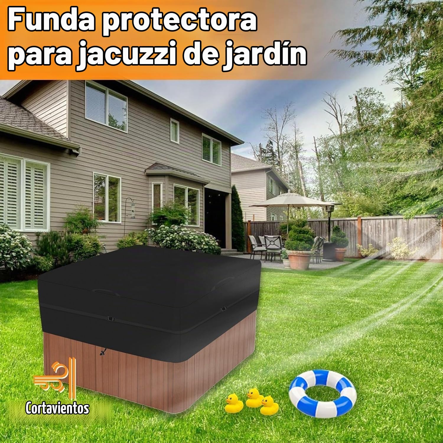 Funda Protectora Cuadrada para Jacuzzi, Oxford 600D Cubierta Cuadrada para bañeras de hidromasaje, Impermeable, Rayos UV, Resistente a la Intemperie, Color Negro (200 * 200 * 25cm)