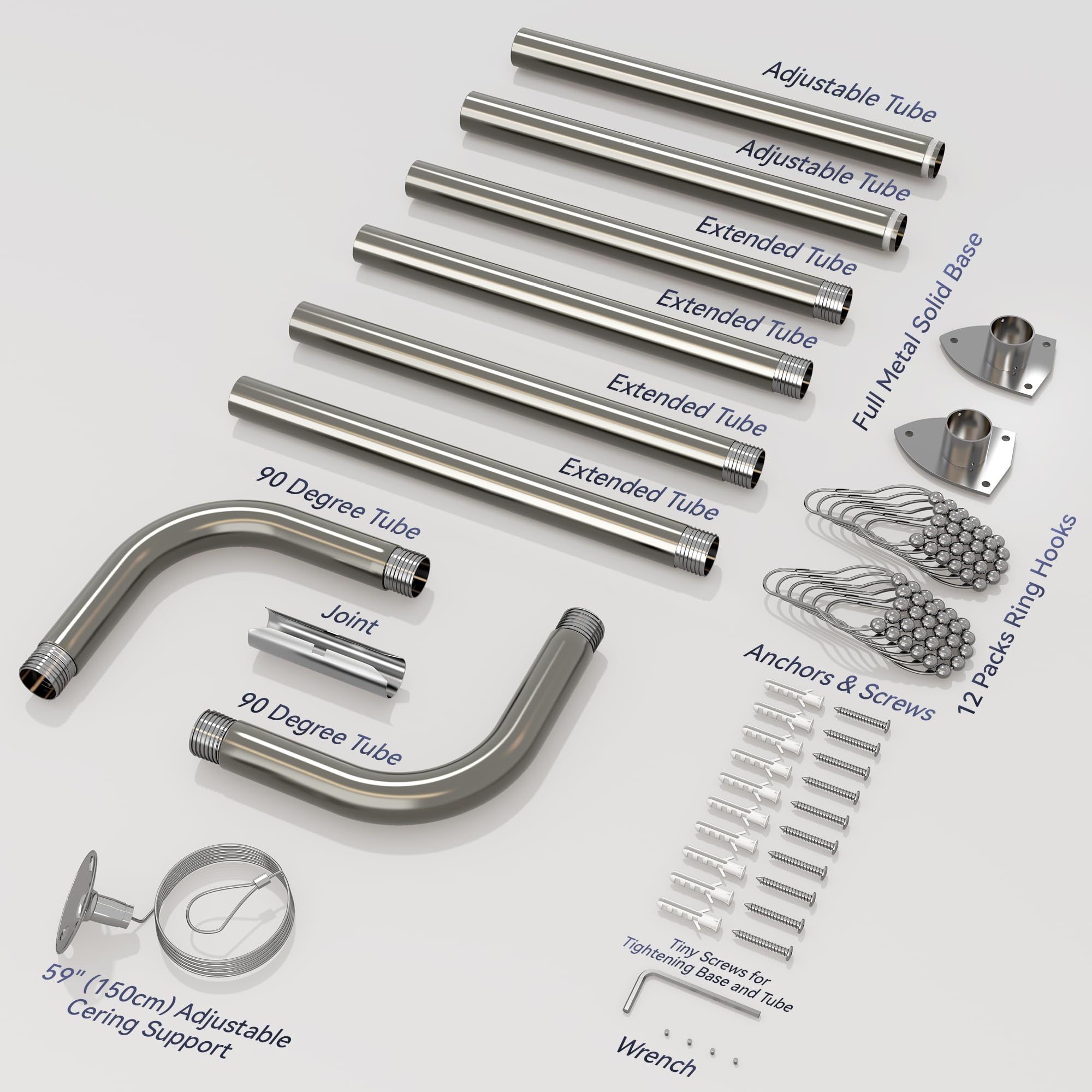 Barra per tenda doccia a forma di U, asta angolare con 12 anelli per tende e supporto a soffitto per vasca/bagno, montaggio a parete necessario [Entrambi i lati: 60 cm - 132 cm, Centro: 78 cm - 118 cm