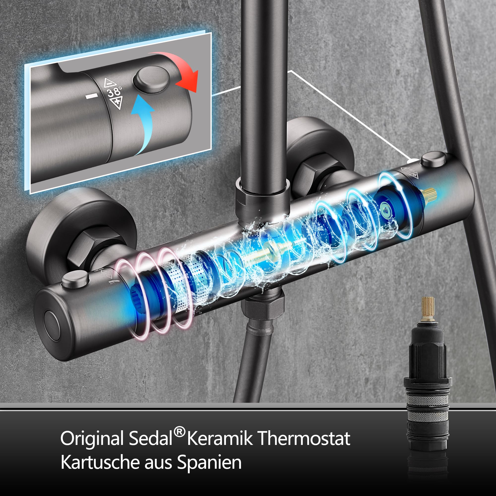 Görbach Colonna Doccia con rubinetto doccia, sistema doccia in acciaio inox con miscelatore termostatico, doccetta, asta doccia, soffione doccia D25 cm, Grigio Canna Di Fucile