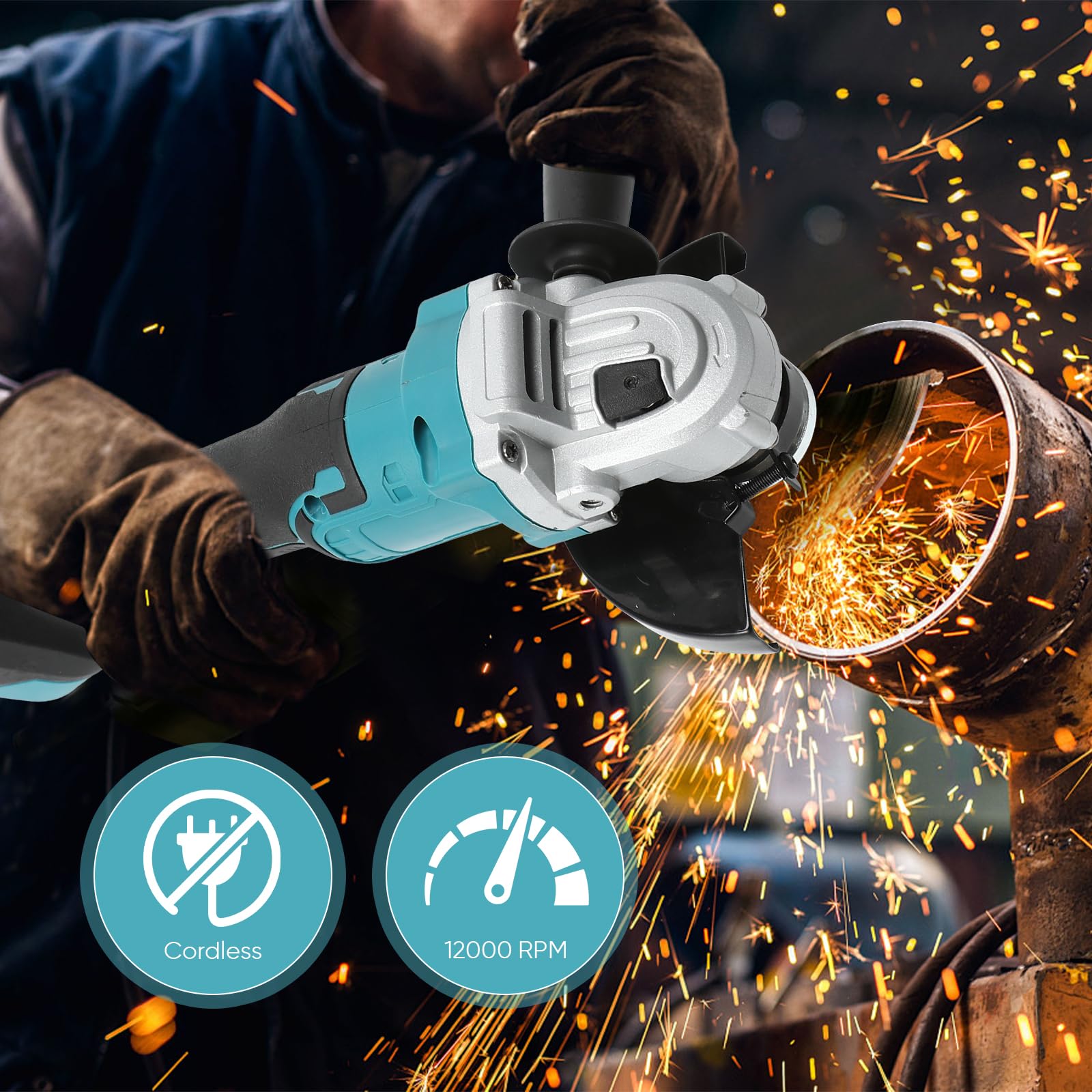 Meuleuse d'angle sans fil Compatible avec batterie Makita 18 V, 100/125 mm 12000 RPM meuleuse d'angle sans fil avec moteur sans balais et couvercle de disque de ponçage (125MM)