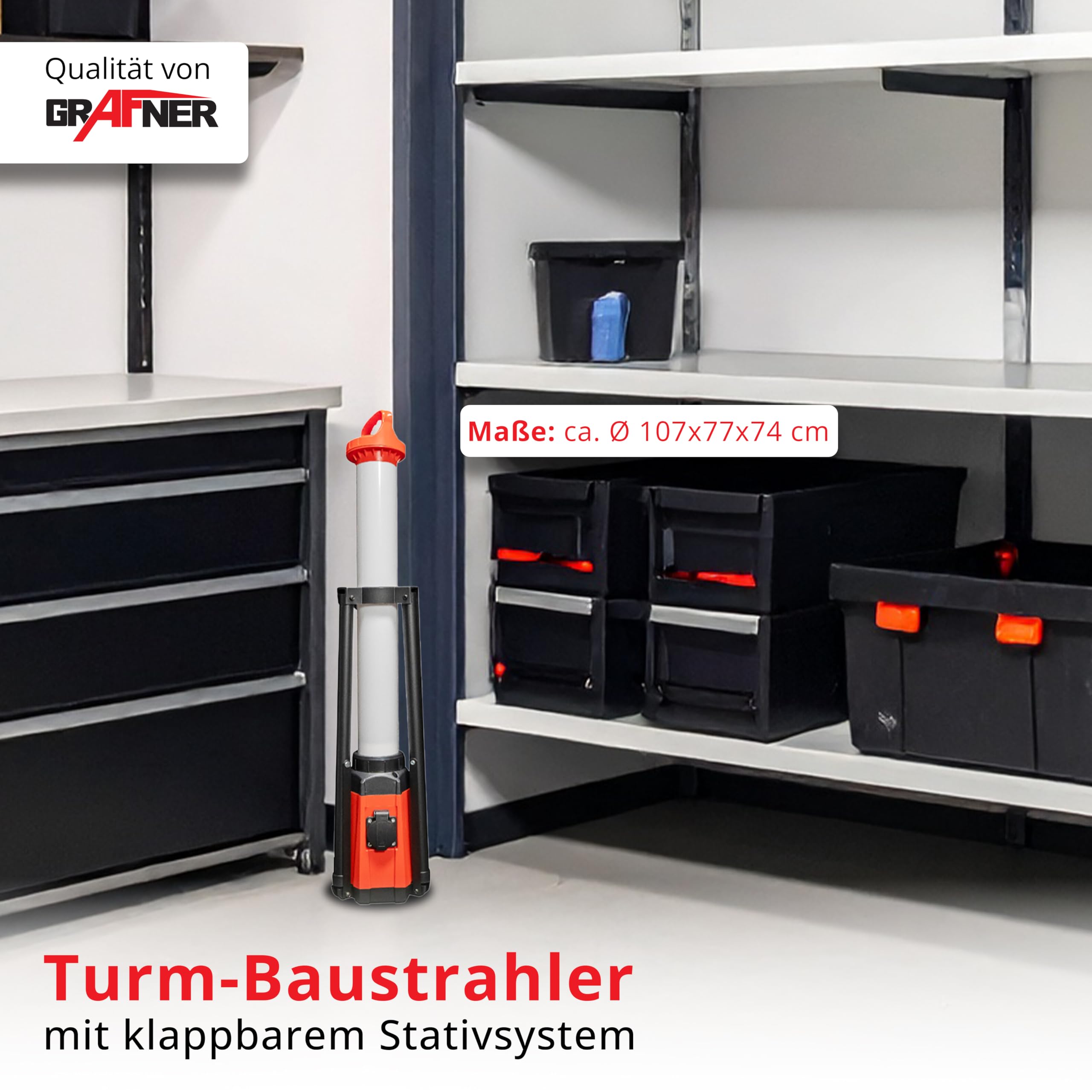 Grafner Profi LED Tower Baustrahler mit Steckdose und Stativ, 360° 3800 Lumen, 60 Watt, Höhe: 107 cm, IP44, 6500K Tageslichtweiß, Arbeitsleuchte Baustellenstrahler 360 Grad rundum Arbeitslampe Turm