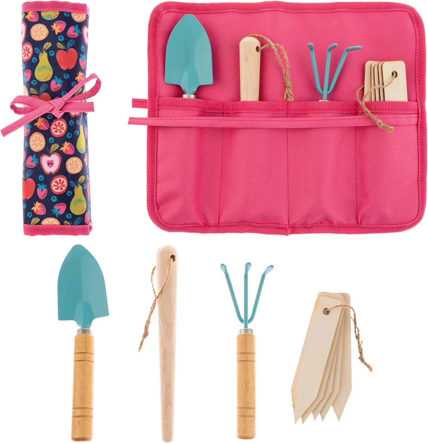 Stephen Joseph, Toddler Gardening Tool Set 5 PCS - Mini Shovel, Seed Dibbler, Mini Rake and Plant Markers with Roll Up Bag, Kids Gardening Tools, Best Outdoor Toys Gift for Boys and Girls, Fruit