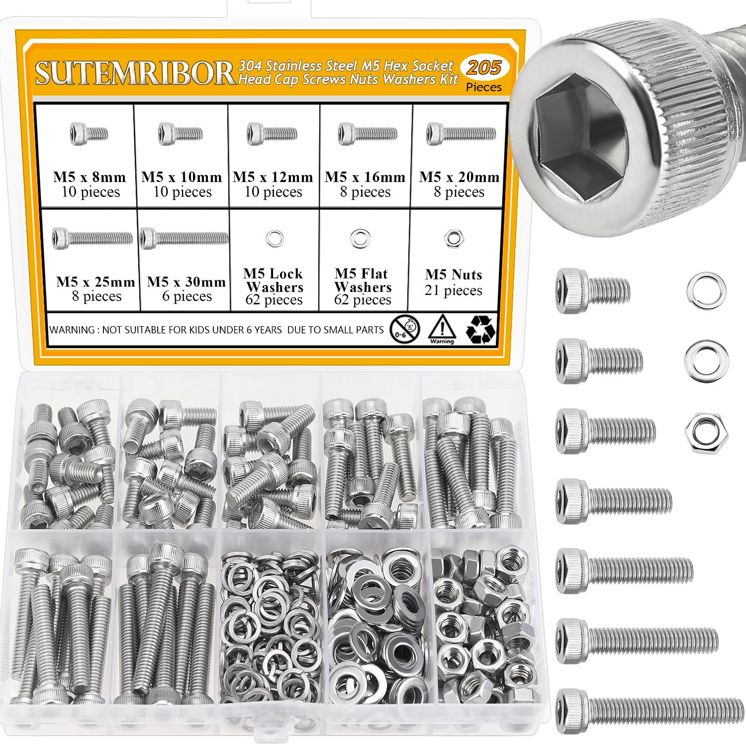 205 Pieces M5 Screws Nuts Washers Set, Sutemribor M5 x 8/10/12/16/20/25/30mm Hex Socket Head Cap Screws Nuts Washers Assortment Kit, 304 Stainless Steel, Fully Threaded
