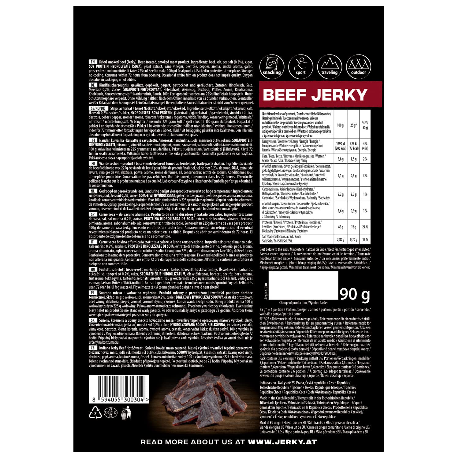 Indiana Beef Jerky Hot&Sweet, Geschenkbox High Protein Trockenfleisch, ohne Zuckerzusatz, Gluten-frei, Sea Salted (5 x 90g)