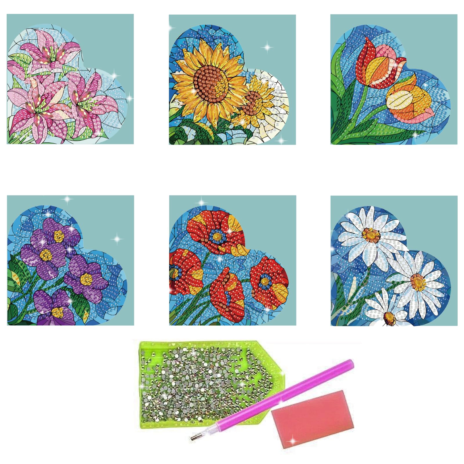 beinkmake 6Pcs Flowers 5D Diamond Art Bookmarks Diamond DIY Painting Corner Bookmarks Lily Sunflower Tulip Daisy Rhinestones Beaded Crystal Bookmark Kits for Book Lovers Beginner Adult Crafts