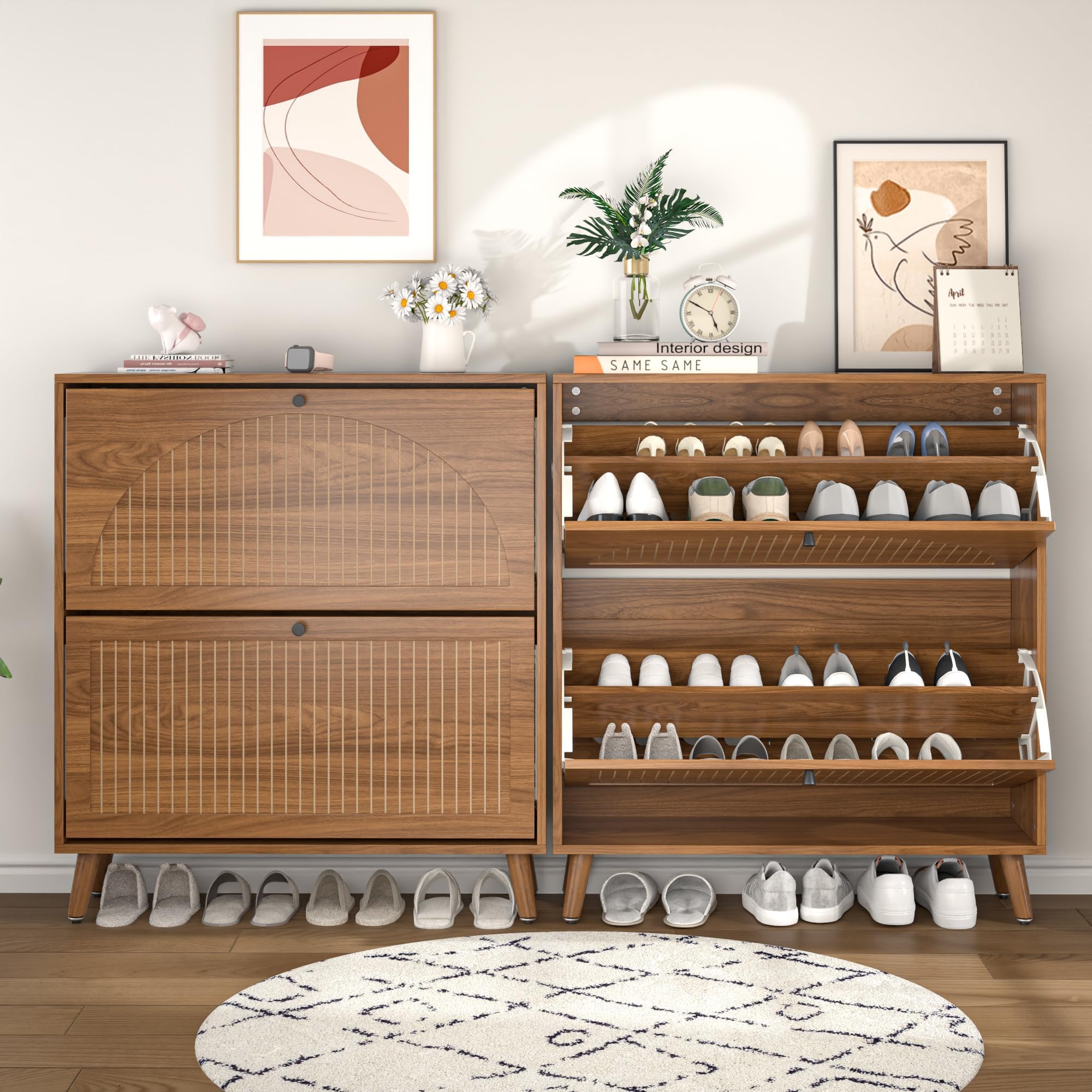 Fsbecl Shoe Storage Cabinet for Entryway with 2 Fluted Flip Drawers, Walnut | Narrow Design, Freestanding Shoe Rack with Adjustment Shelves, Wooden Hidden Organizer for Hallway Foyer, 12-16 Pairs