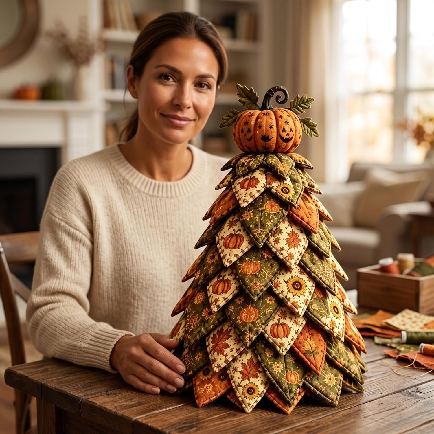 DIY Halloween Quilted Fabric Tree Sewing Kit, Padded Layered Fabric Tree Craft Set, Beginner Friendly Handmade Ornament, Fall Tabletop Decor for Mantel Shelf, Holiday Craft Gift for Sewing Lovers，D