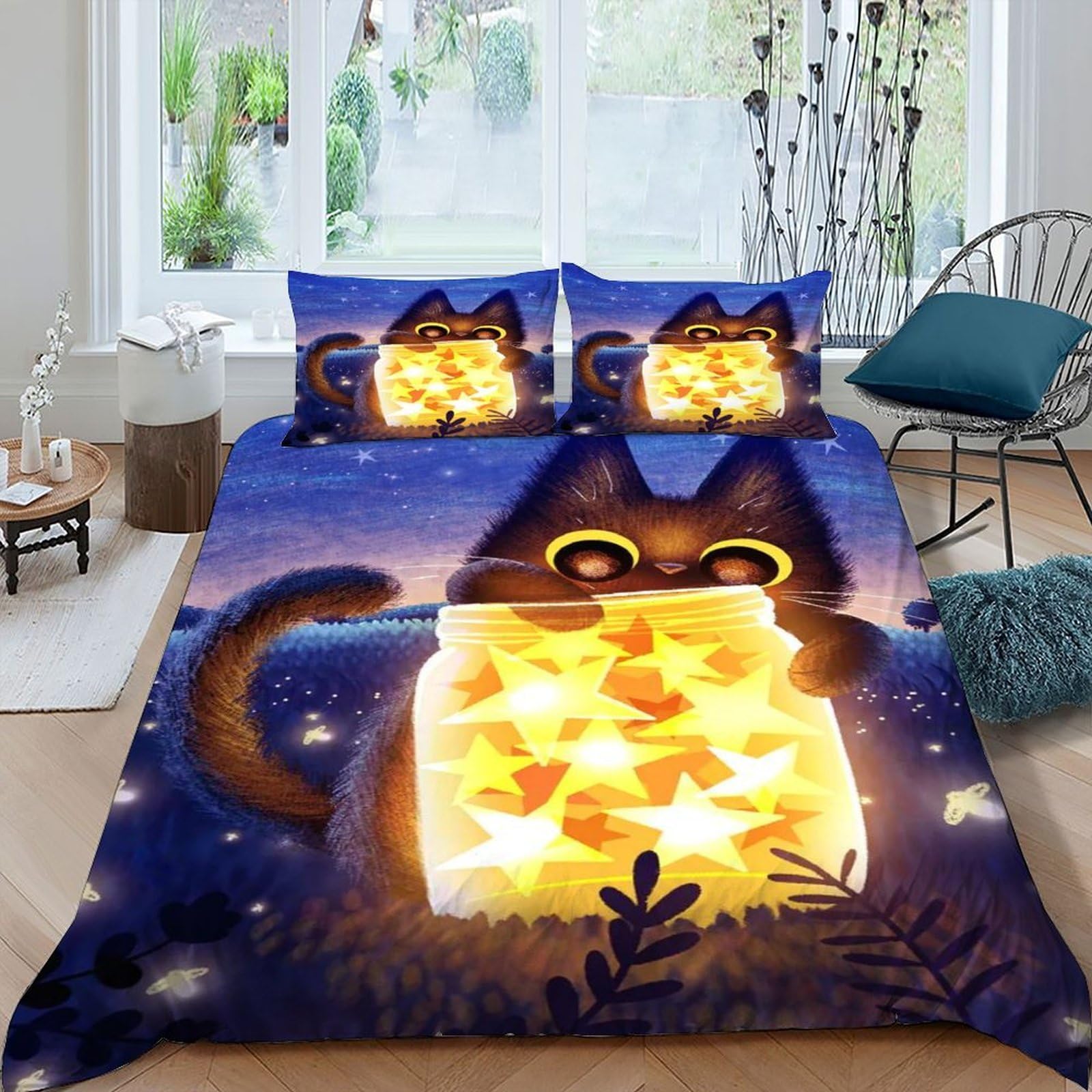 Housse de couette chat noir et étoiles 220x240cm avec 2 taies d'oreiller