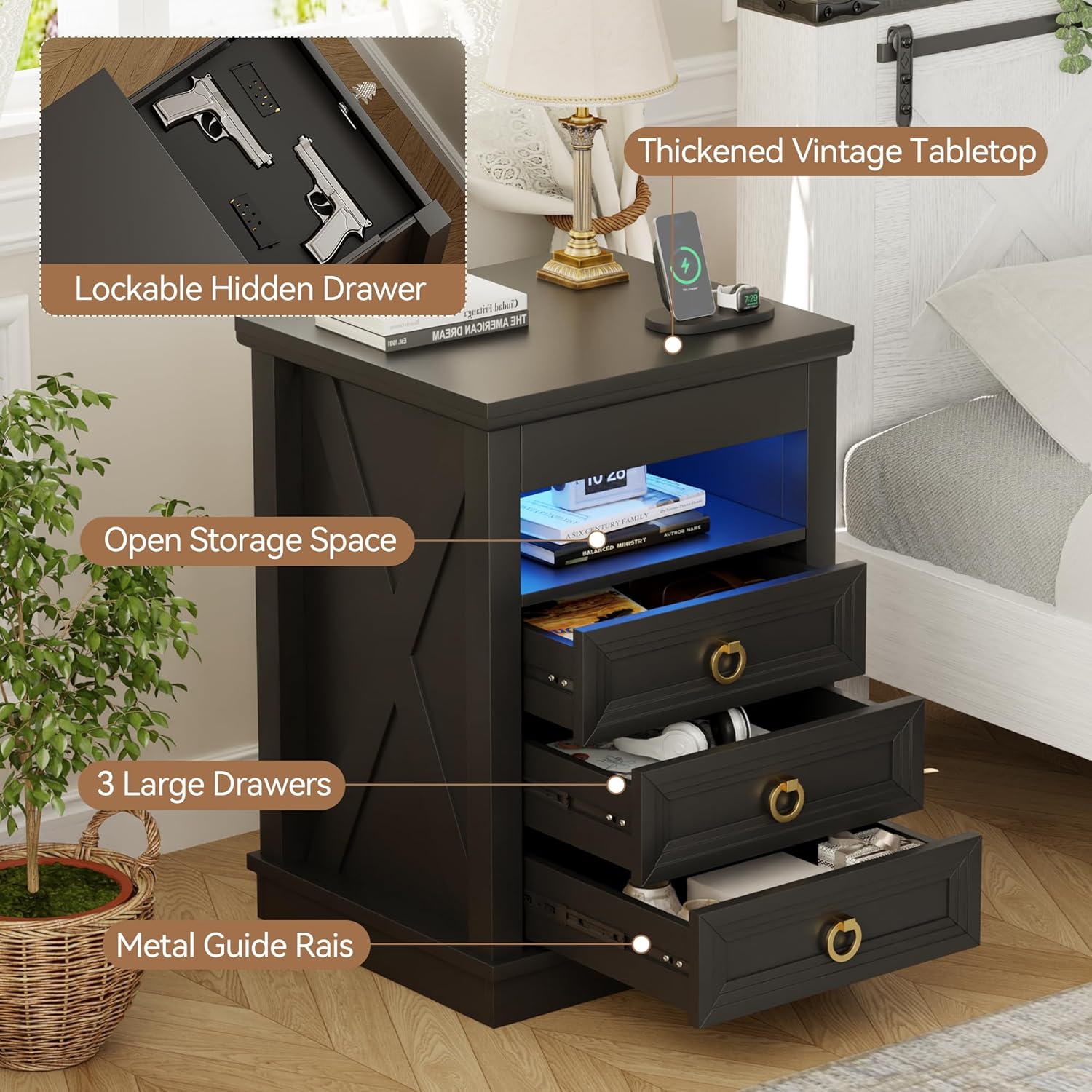 Nightstand with open drawers and shelf