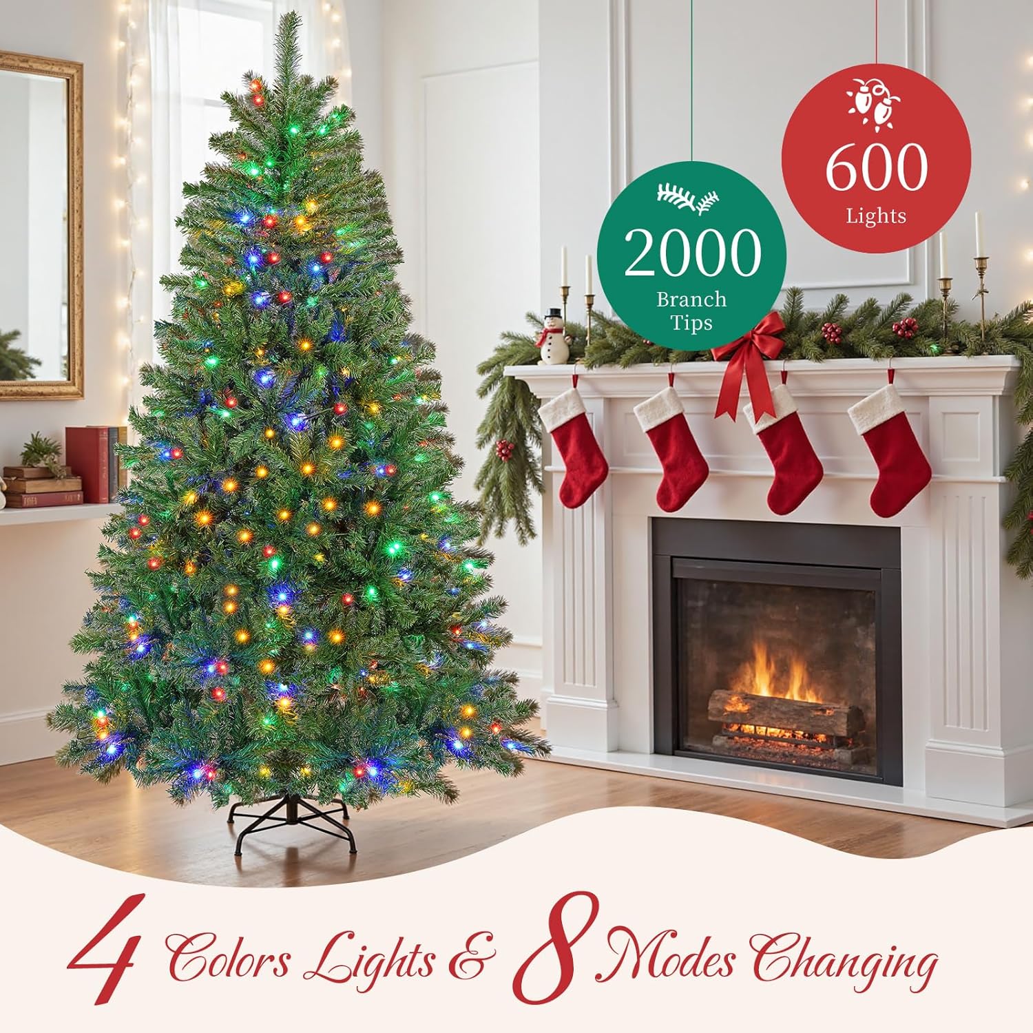 Sweetcrispy 9ft Pre-lit Christmas Tree, Green Artificial Christmas Tree with 600 Color Changing LED Lights & 2000 Branch Tips for Home, Office, Party Decoration