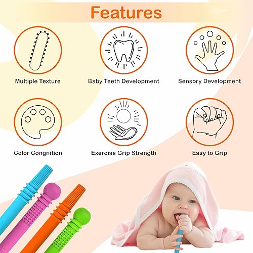 Miniatura 3 de Tubos mordedores para bebés, paquete de 4 palitos huecos de dentición con 1 cepillo de limpieza y cepillo de dientes, 100% silicona de grado