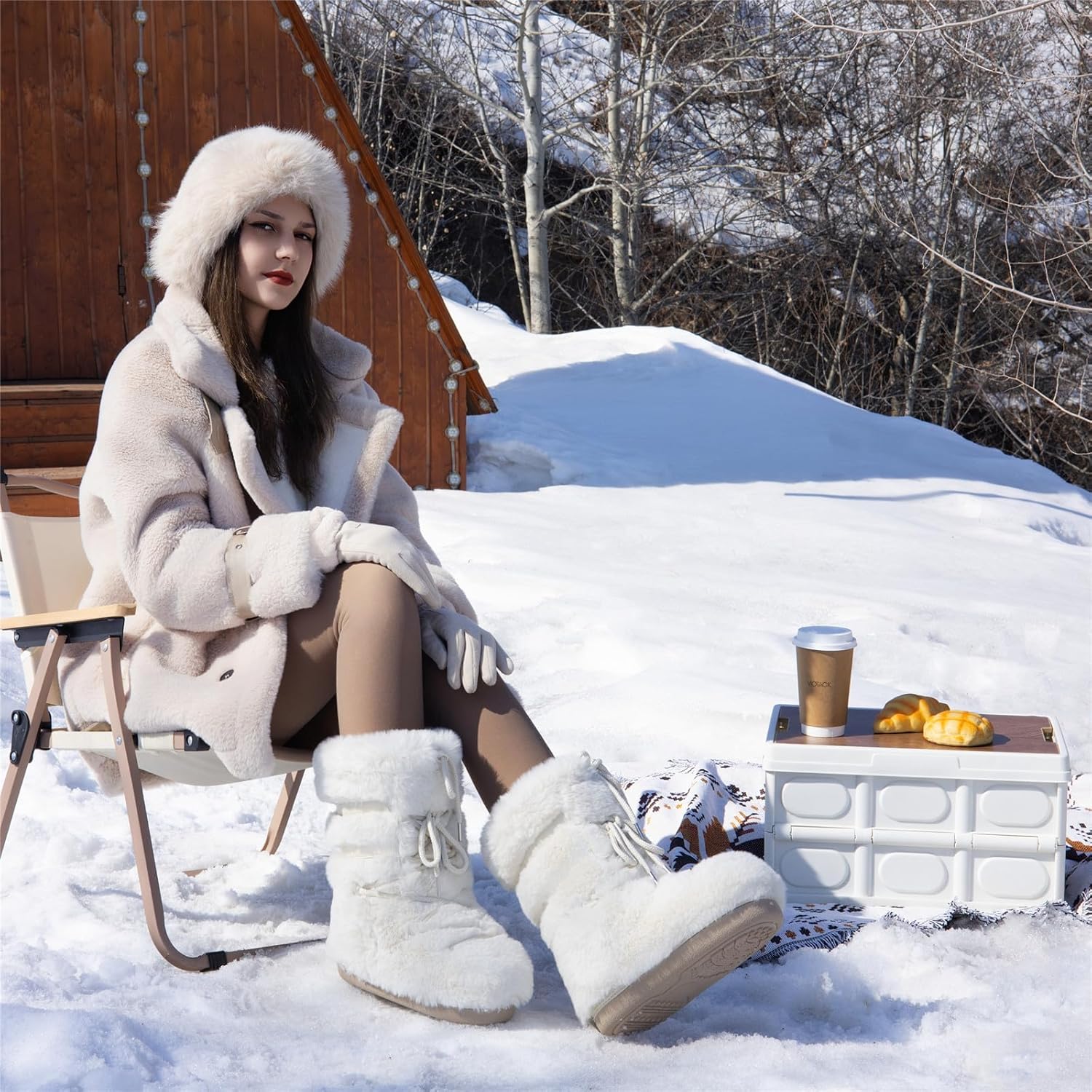 Womens Snow Boots,Fuzzy Furry Fluffy Fur Boots with Faux Fur Lined,Winter Mid-calf Lace-up White Black Pink Warm Comfortable Ski Boots - Image 2