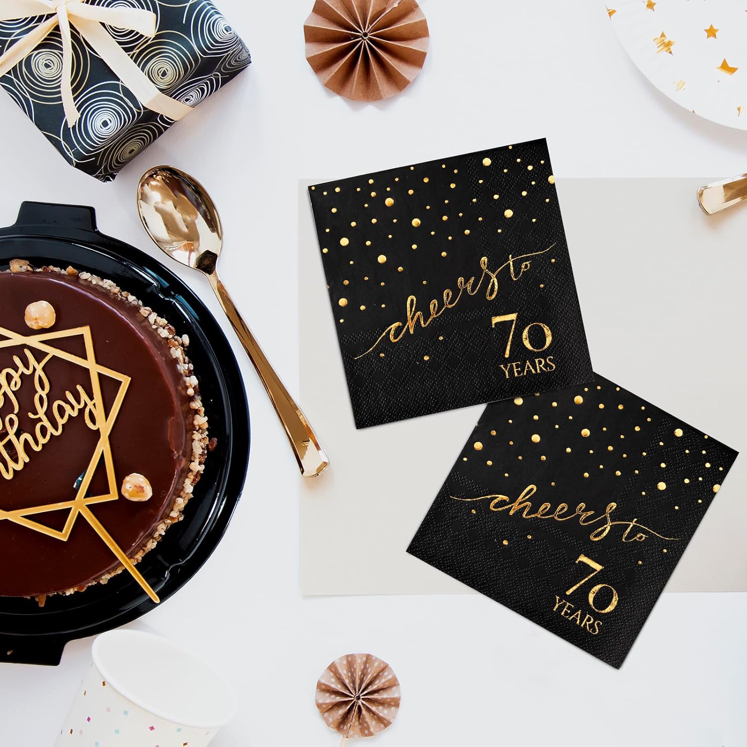 100 Pack of 70th Birthday Napkins, Cheers to 70 Cocktail 5x5 Inches Party Paper Napkins for Birthday Decorations Wedding Anniversary Black and Gold, 3-Ply - Image 3