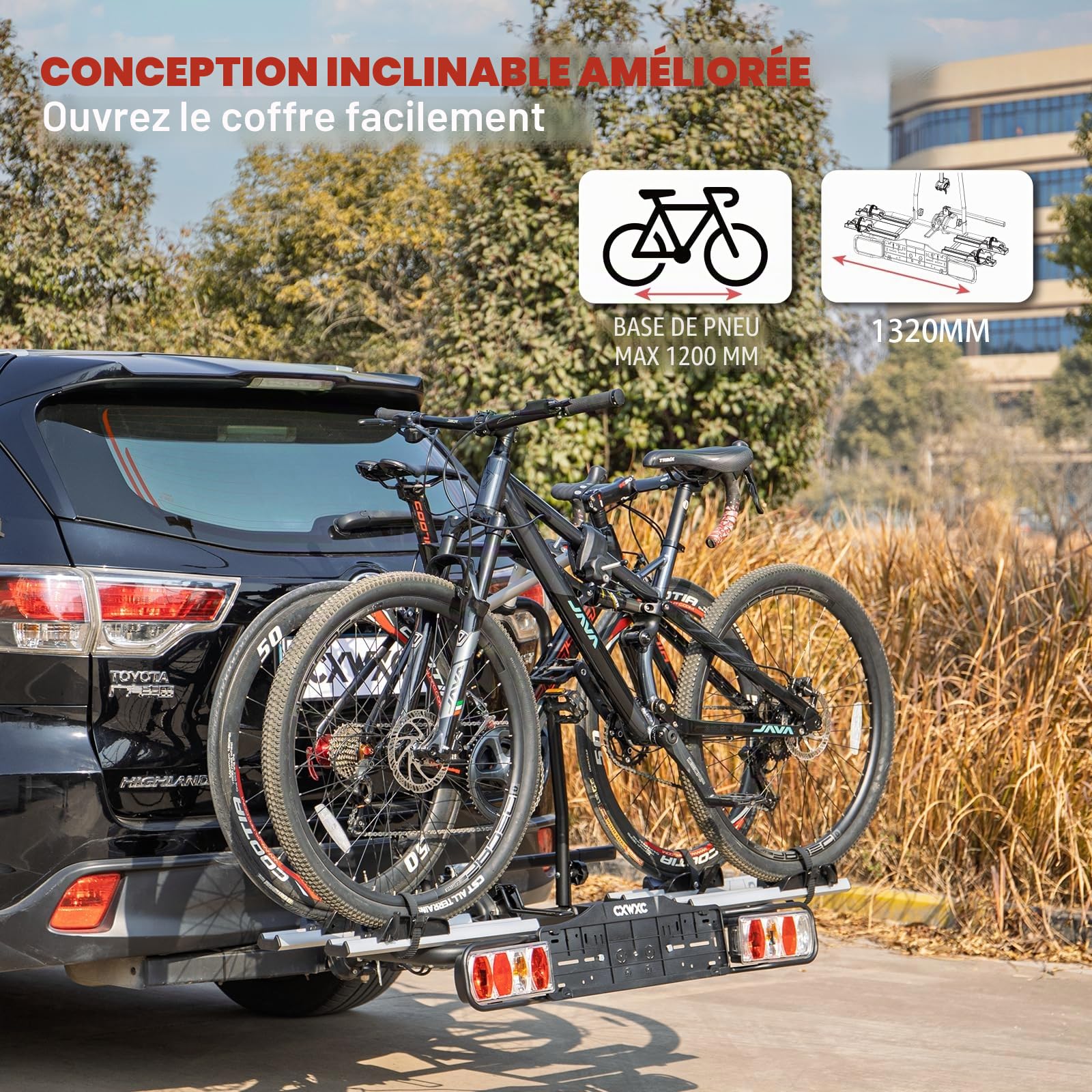 Porte-vélos pour attelage de remorque - Porte-vélos de voiture pour vélos électriques et roues standard - Peut contenir 2 vélos - Sécurité à dégagement rapide - Système d'éclairage 13/7 broches