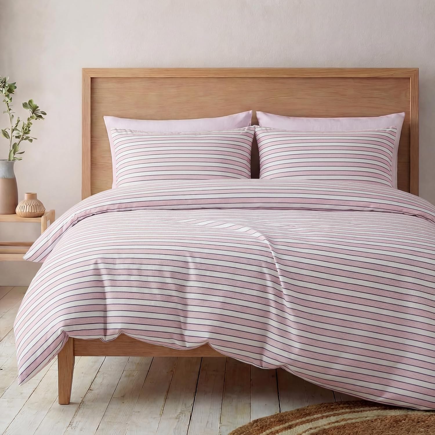 Bedbay Cotton Striped Duvet Cover Set Queen Size, Soft Blush Pink Stripe Bedding Set, 100% Cotton Sateen, Minimal Casual Hotel Style Duvet Cover 3 Piece for All Seasons