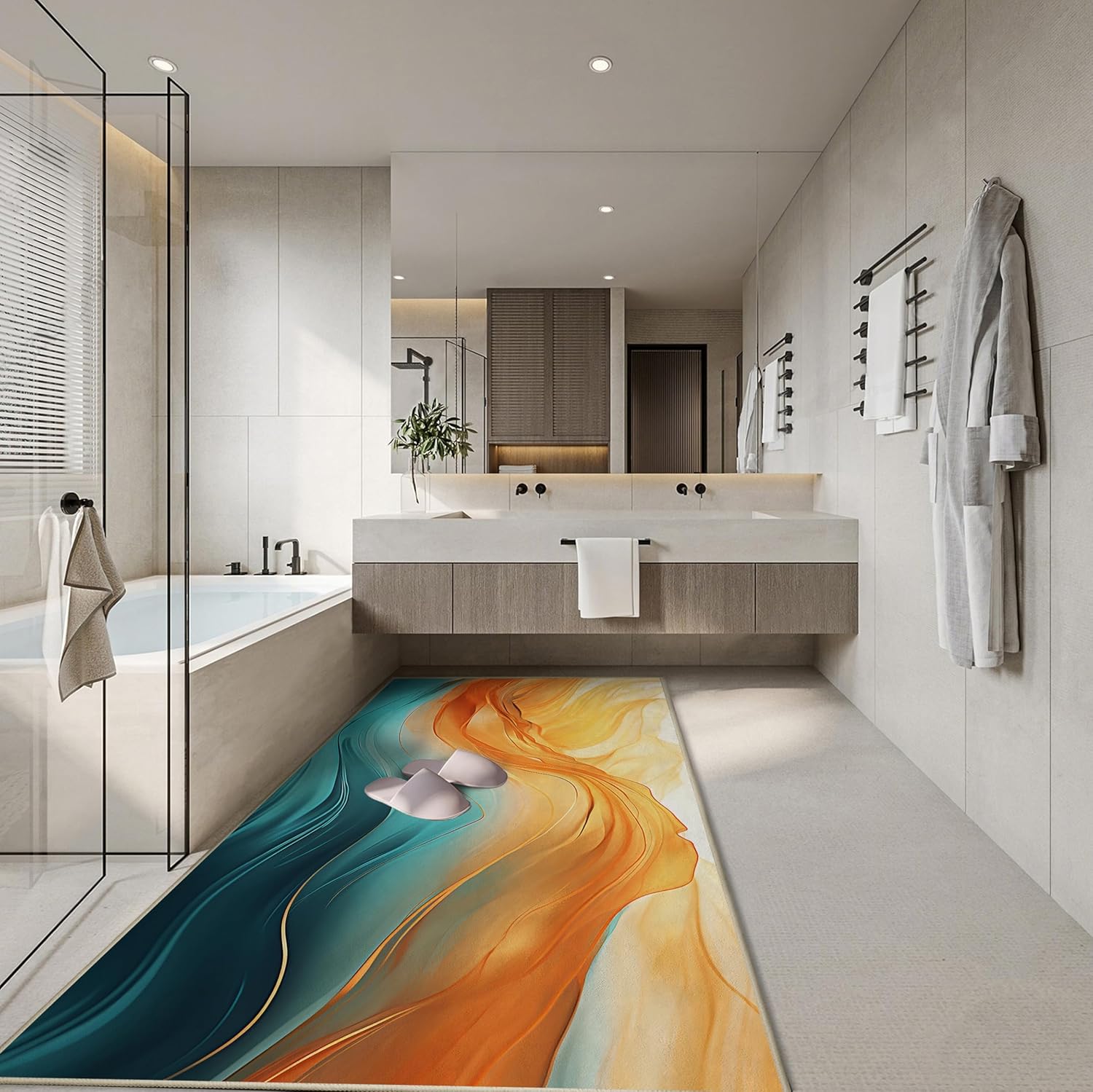 Orange Teal Kitchen Runner Rug 2'x6' Turquoise Orange Marble Non Slip Washable Decorative Rug Runner Carpet for Hallways Bedroom Bathroom Laundry