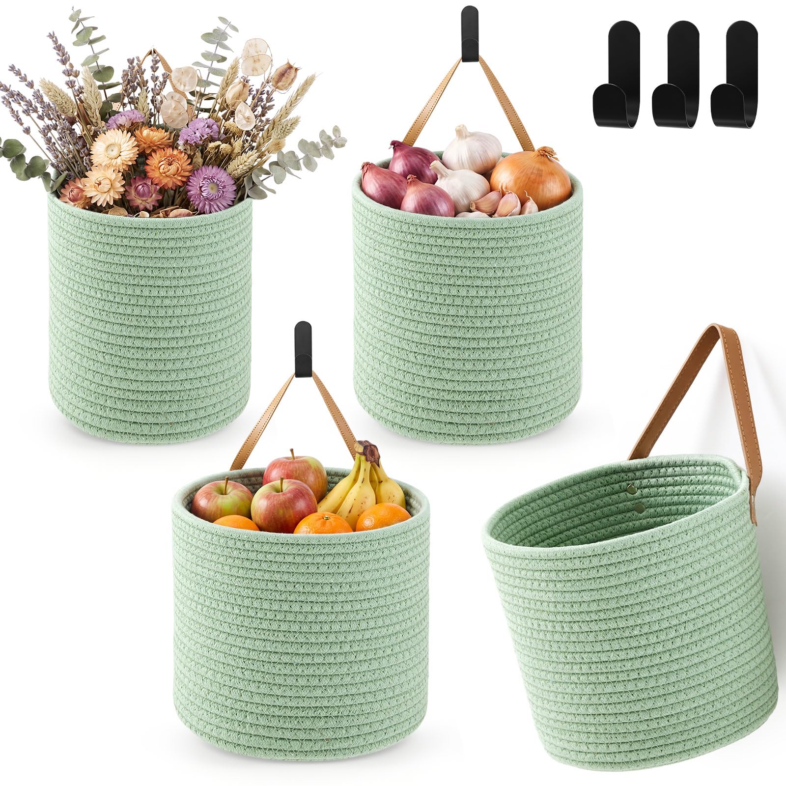 Honeydak 3 Hanging Baskets, Sage Green, Round Bucket Basket