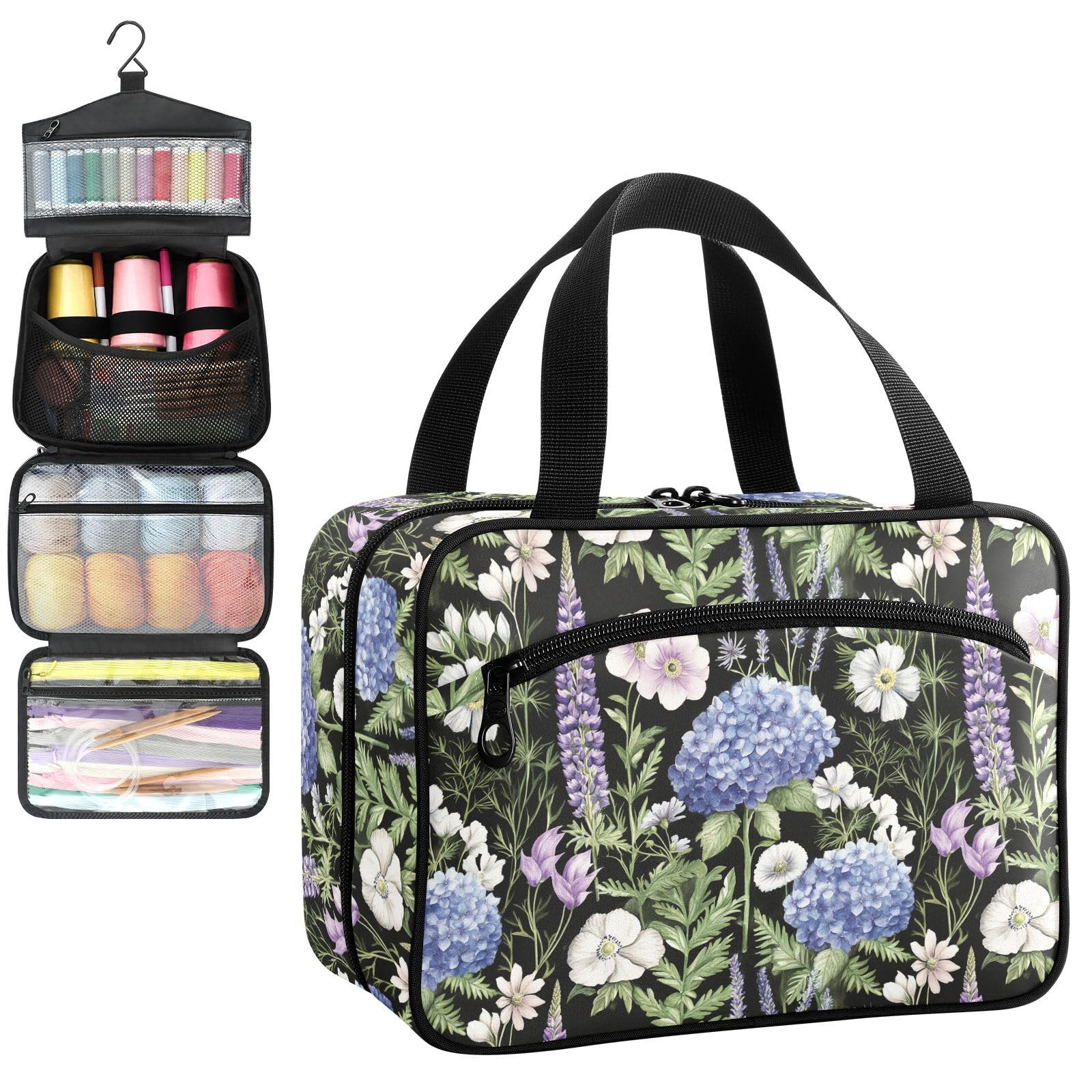 YNNALE Sewing Supply Organizer Bag, Watercolor Blue Hydrangeas Lavender Portable Sewing Bags with Pockets&Hanger, Sewing Storage Box Case for Sew Supplies/Kit/Tools/Accessories (BAG ONLY)