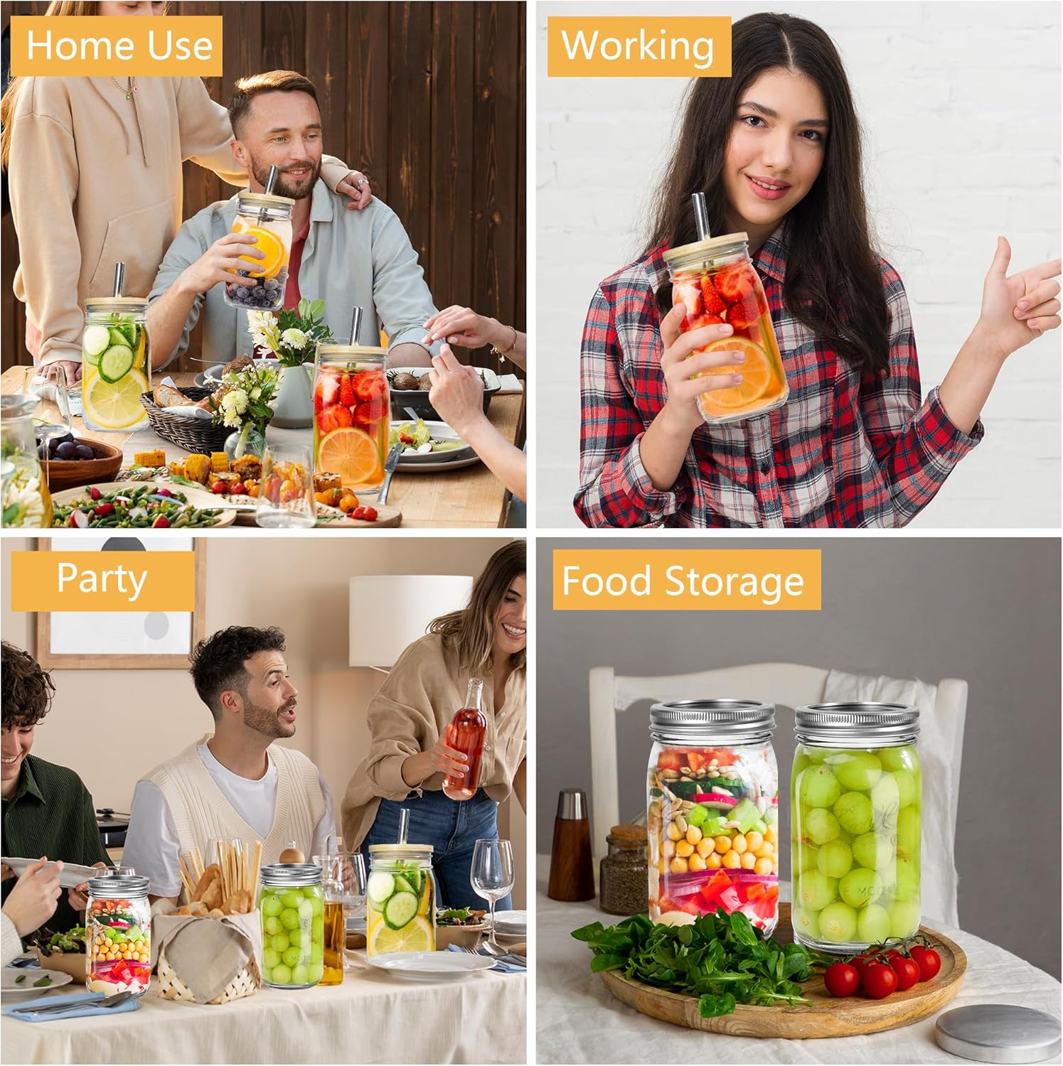 4Pack 16oz Vintage Mason Jars with Bamboo Lids, Wide Mouth Glass Mason Cup with Lids and Straw, Iced Coffee Cup for Juice Milkshake Tea - Image 6