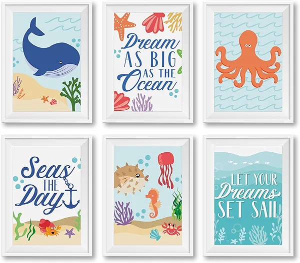 Hadley Designs 6 Reversible 8x10 Ocean Wall Art Prints, Beach Bathroom Decor Wall Art, Sea Turtle Wall Decor Bedroom Posters, Ocean Wall Art Decor, Ocean Wall Decor Posters For Room Party Supplies