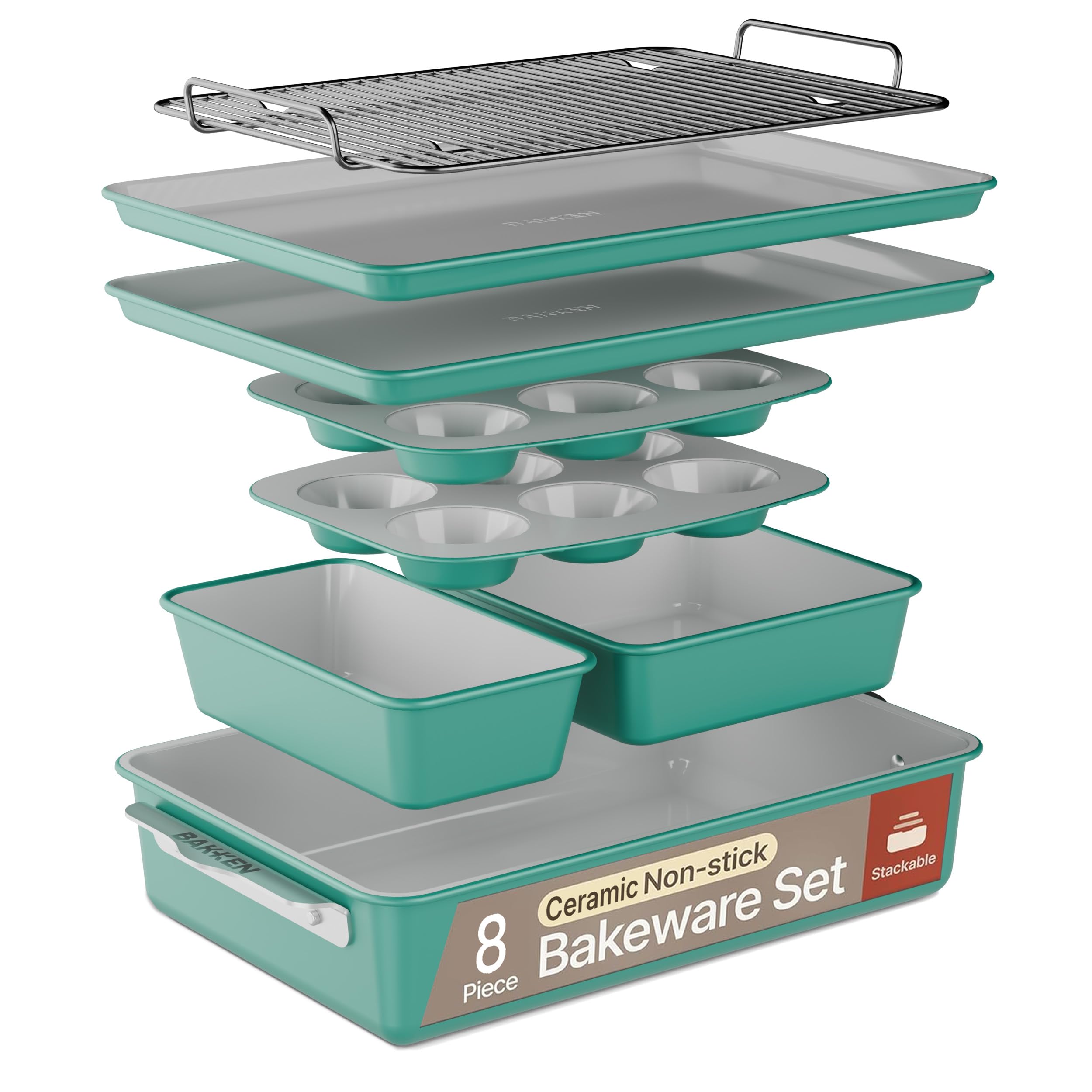 Bakken 8-Piece Stackable Bakeware Set - Ceramic Non-Stick Coating, Baking Sheets, Assorted Baking Pans, PTFE, PFOA & PFOS Free - Healthy Baking, Ergonomic Handles, Cooling Rack, Non-Toxic, Oven-Safe