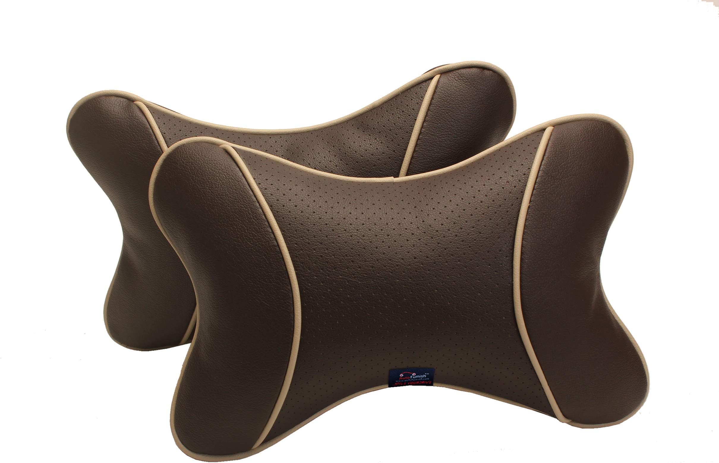 AutoFurnish Premium Car Pillow Neck Rest | Made of Faux Leather | Comfortable and Long Durability | High Elasticity | Car Accessories Essentials (Brown)- Set of 2