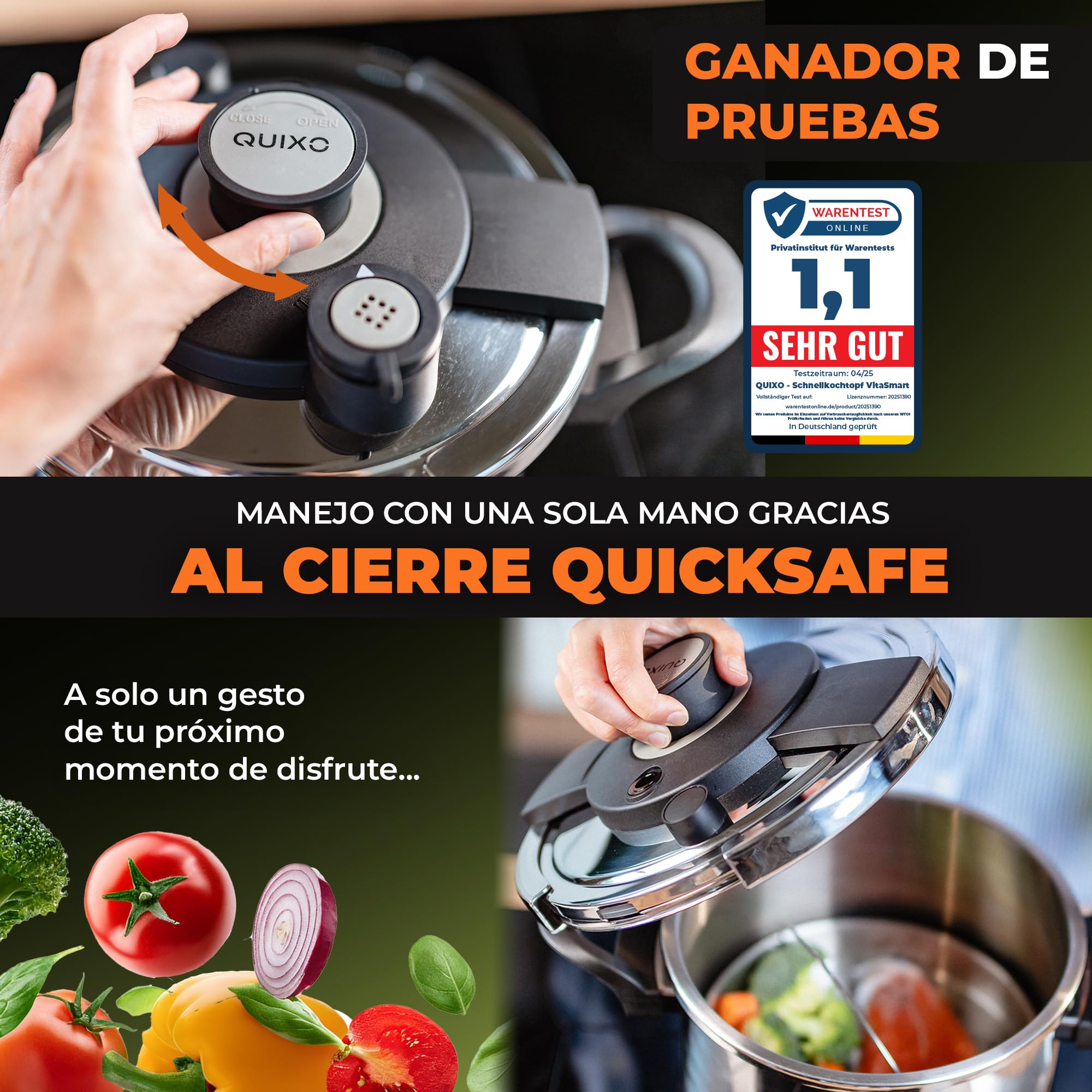 QUIXO Olla express 6l Pressure cooker Inducción (6L Set + Tapa vidrio) | Cierre QuickSafe con señal de cocción