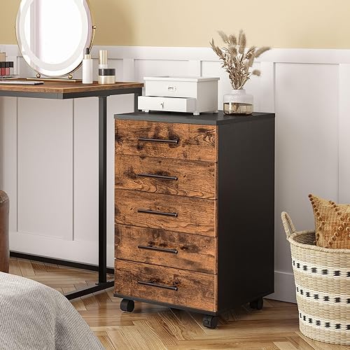 Miniatura 2 de HOOBRO Archivador de 5 cajones, archivador de oficina con cajones, gabinete de almacenamiento móvil de madera con ruedas, para maquillaje, oficina