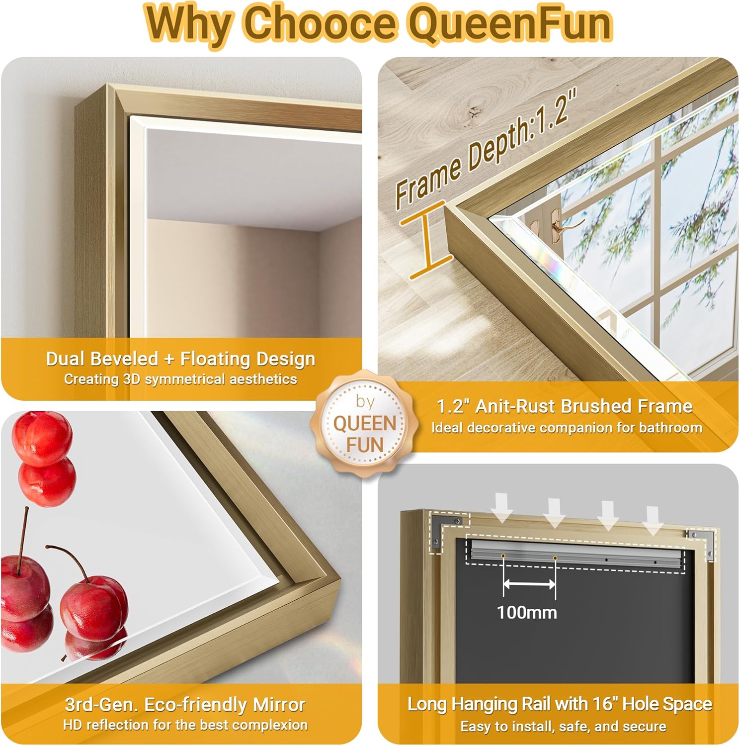 Gold Bathroom Mirror, 24x36 Brushed Gold Bathroom Mirror Beveled Edge, Gold Framed Rectangle Bathroom Vanity Mirror, Anti-Rust Brushed Brass Metal Frame Wall Mirror Vertical/Horizontal - Image 7