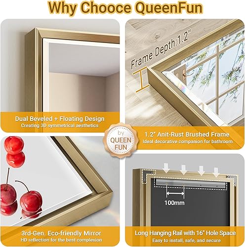 Miniatura 8 de Espejo de baño dorado, espejo de baño dorado cepillado de 22 x 30 pulgadas, borde biselado, espejo rectangular de tocador de baño con marco de metal